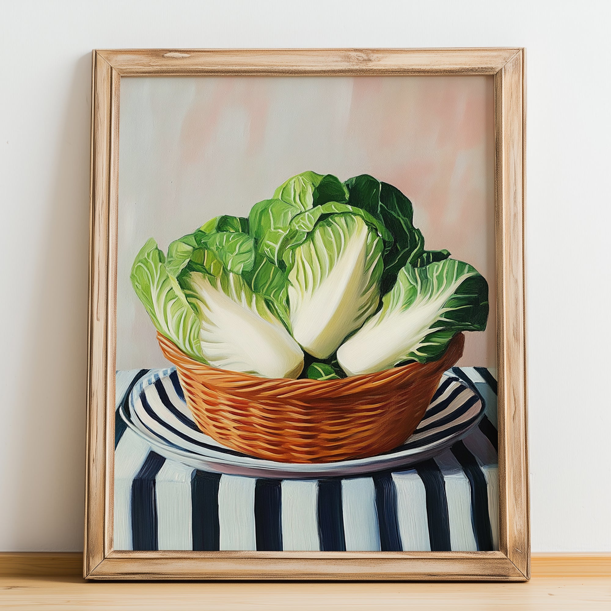 Chinese Cabbage – on Striped Tablecloth, Vegetable Print, no-text version framed in wood