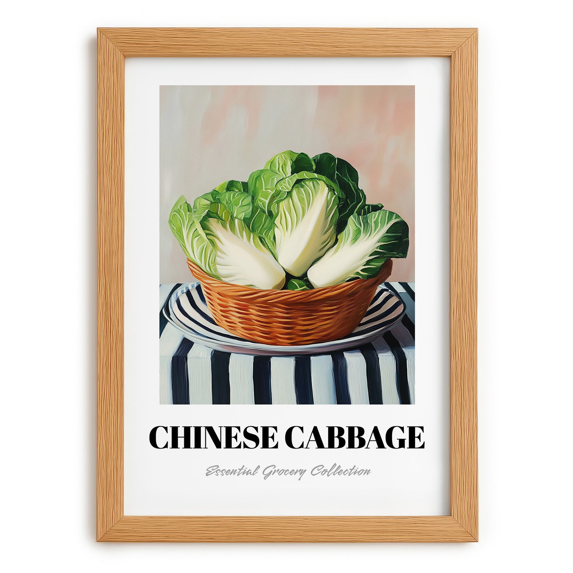 Chinese Cabbage – on Striped Tablecloth, Vegetable Print, set in oak frame