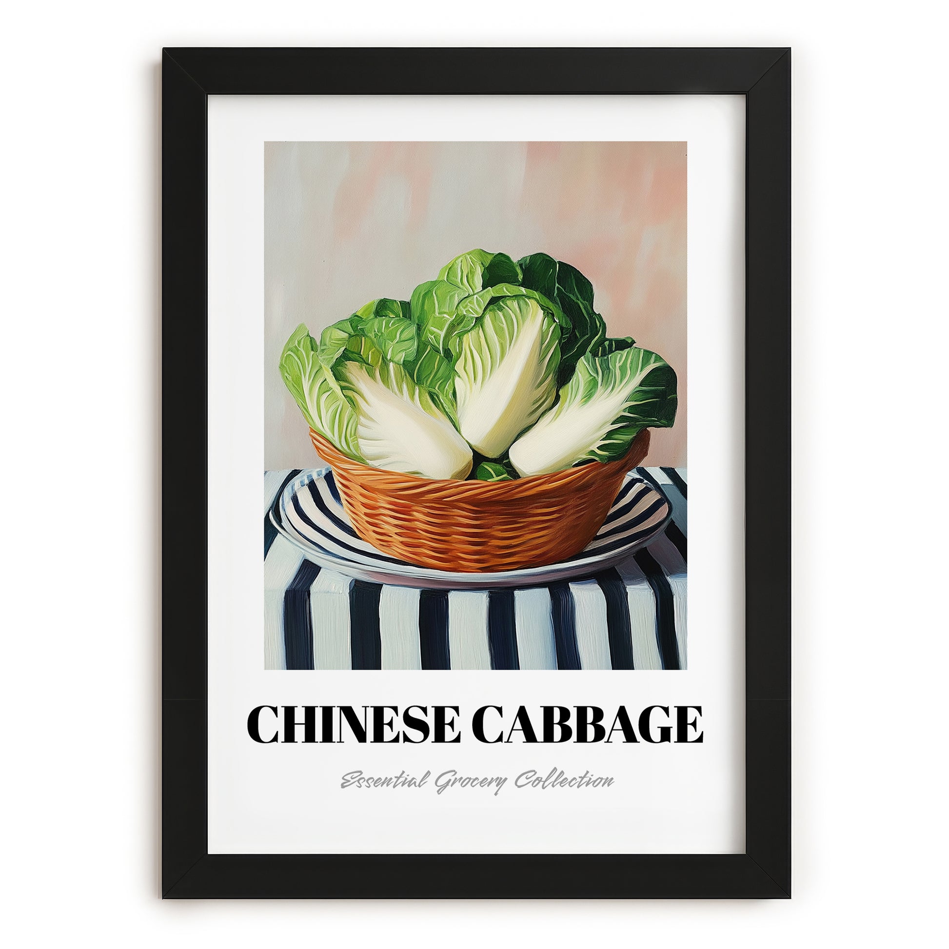 Chinese Cabbage – on Striped Tablecloth, Vegetable Print, in sleek black frame