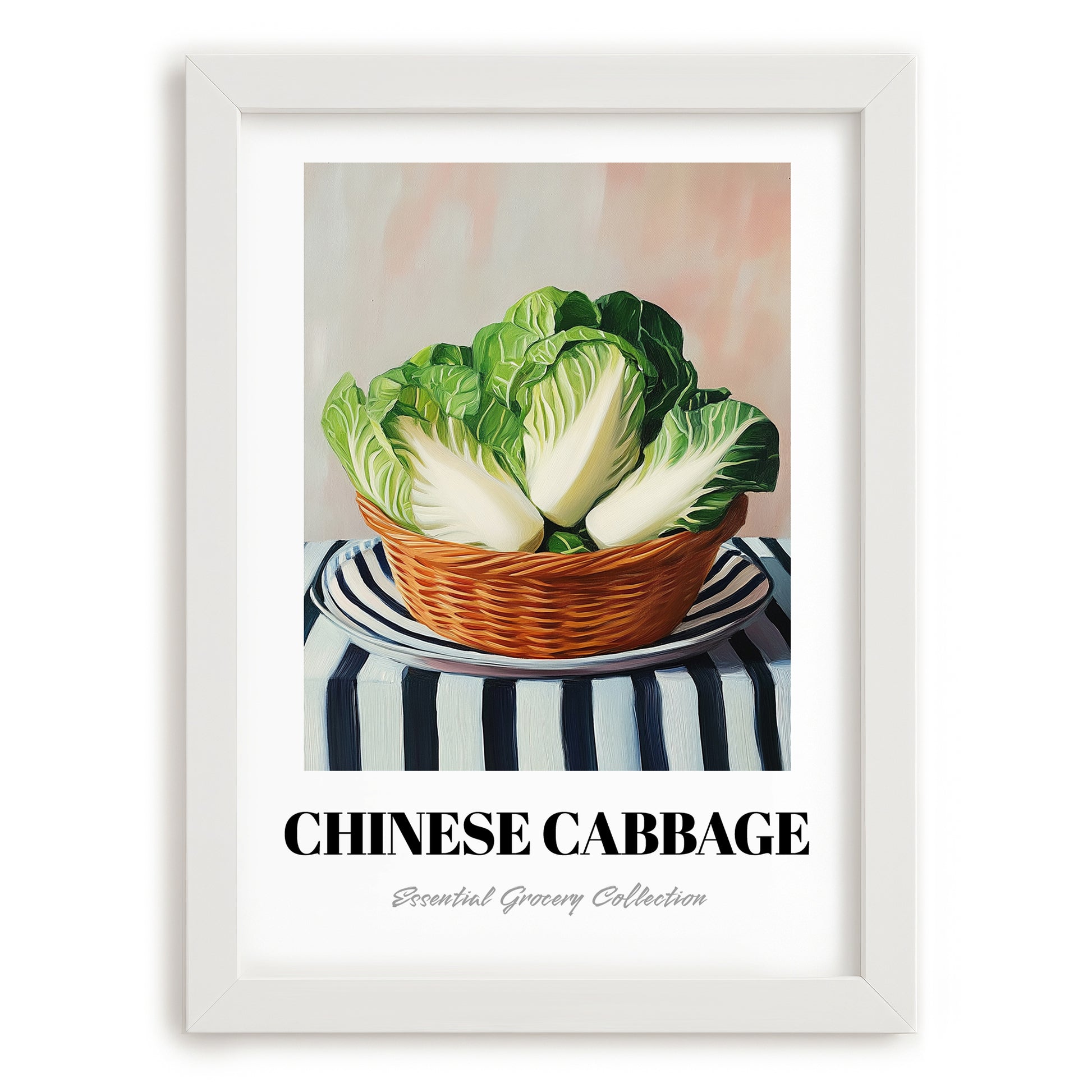 Chinese Cabbage – on Striped Tablecloth, Vegetable Print, placed in minimal white frame