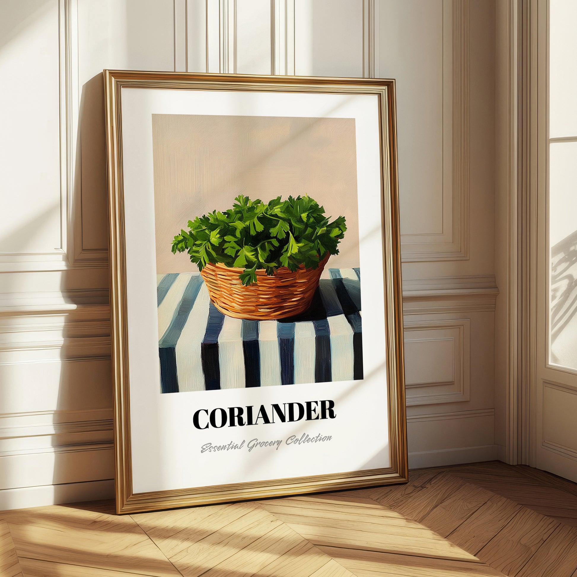 Coriander – on Striped Tablecloth, Fresh Herbs Still Life
