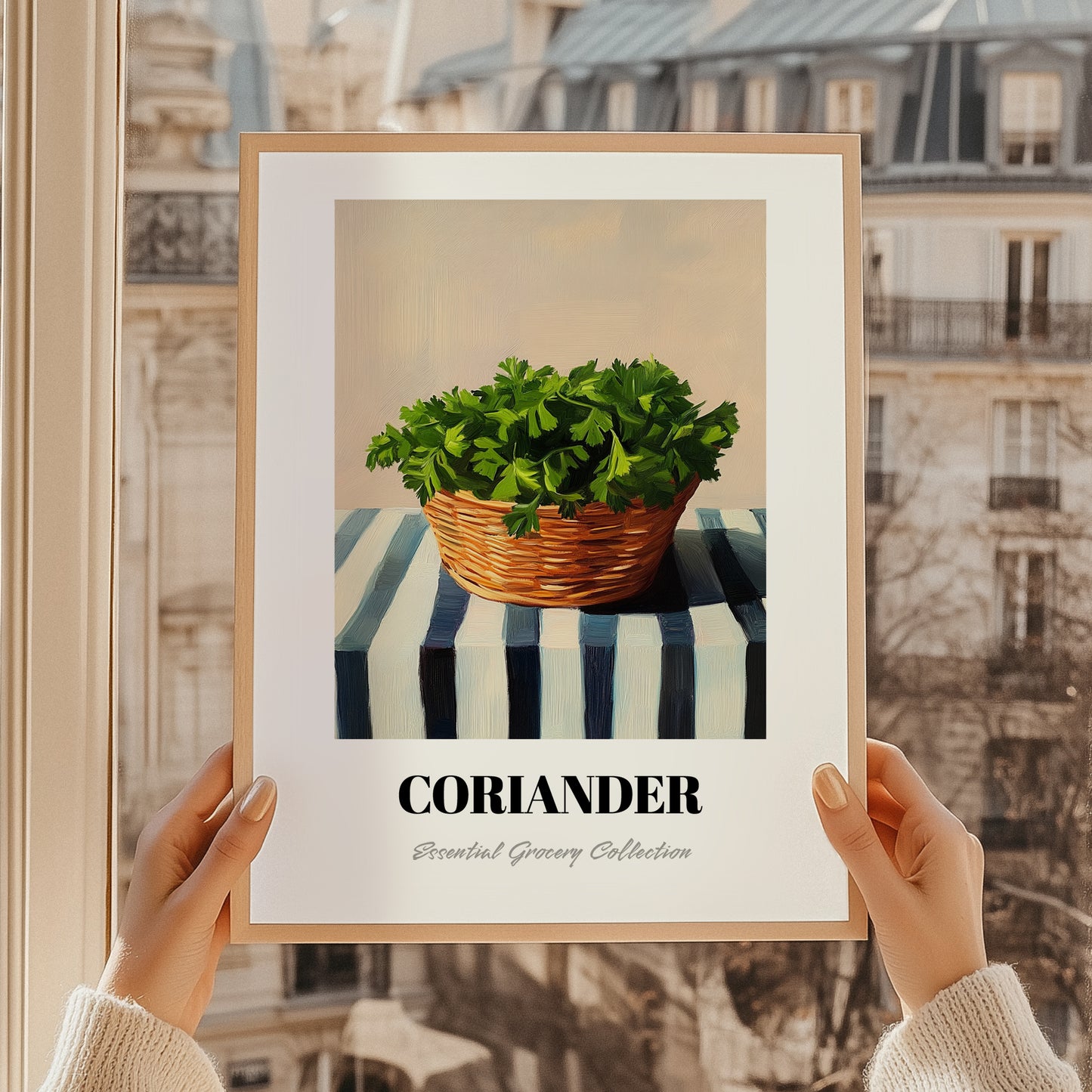 Coriander – on Striped Tablecloth, Fresh Herbs Still Life, styled in a charming Paris street view