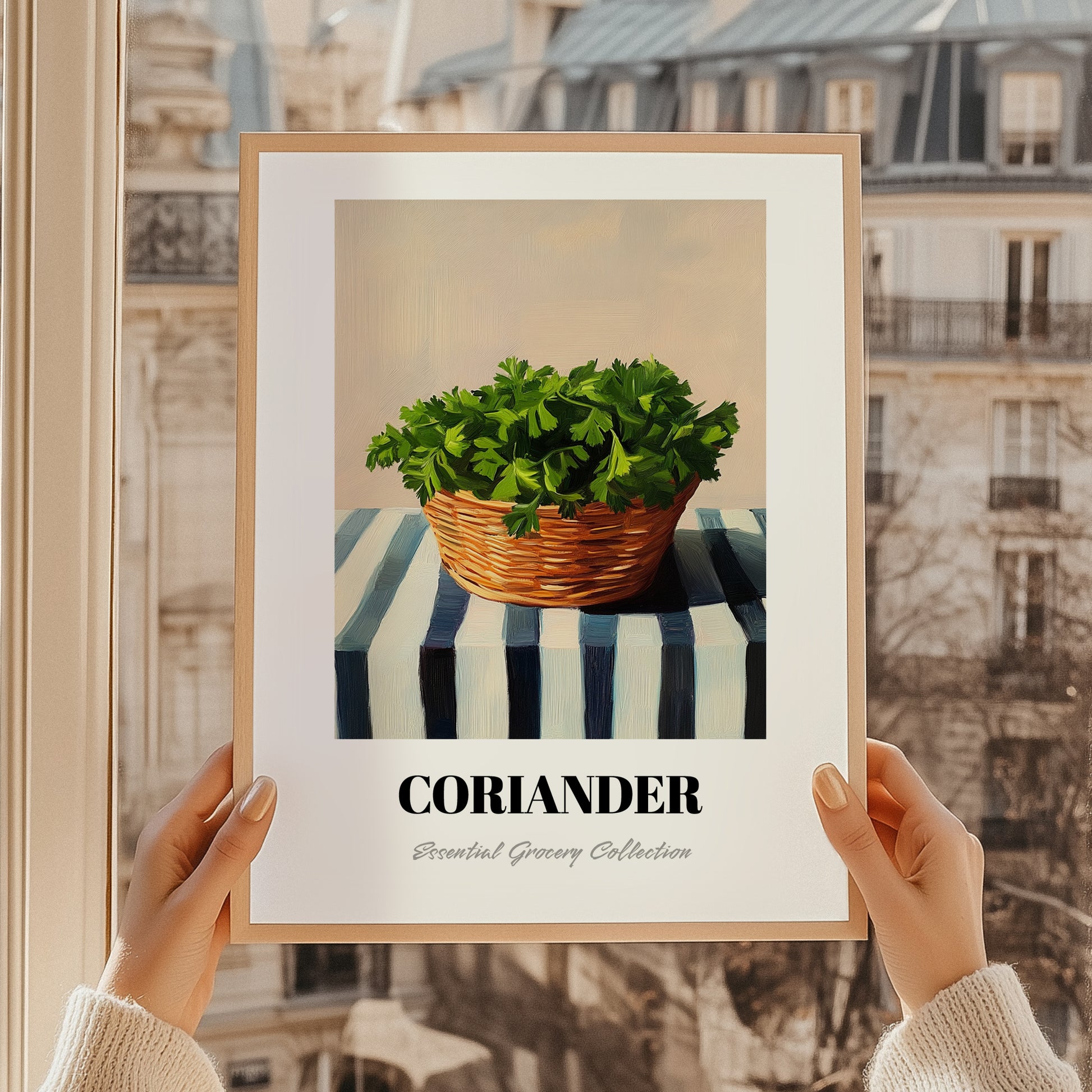 Coriander – on Striped Tablecloth, Fresh Herbs Still Life, styled in a charming Paris street view