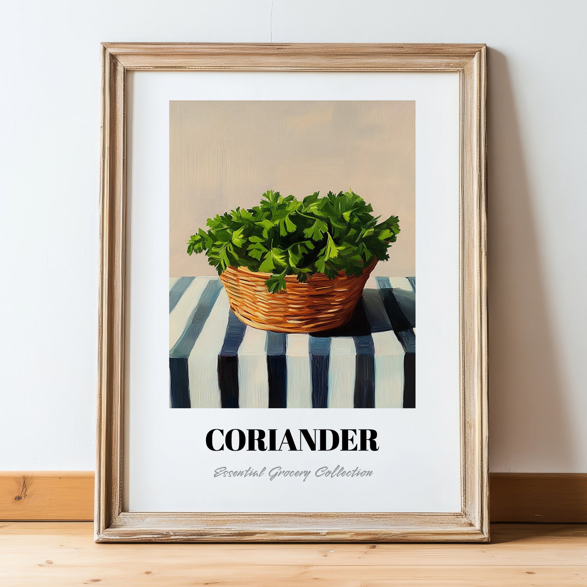Coriander – on Striped Tablecloth, Fresh Herbs Still Life, in wooden frame leaning on the floor