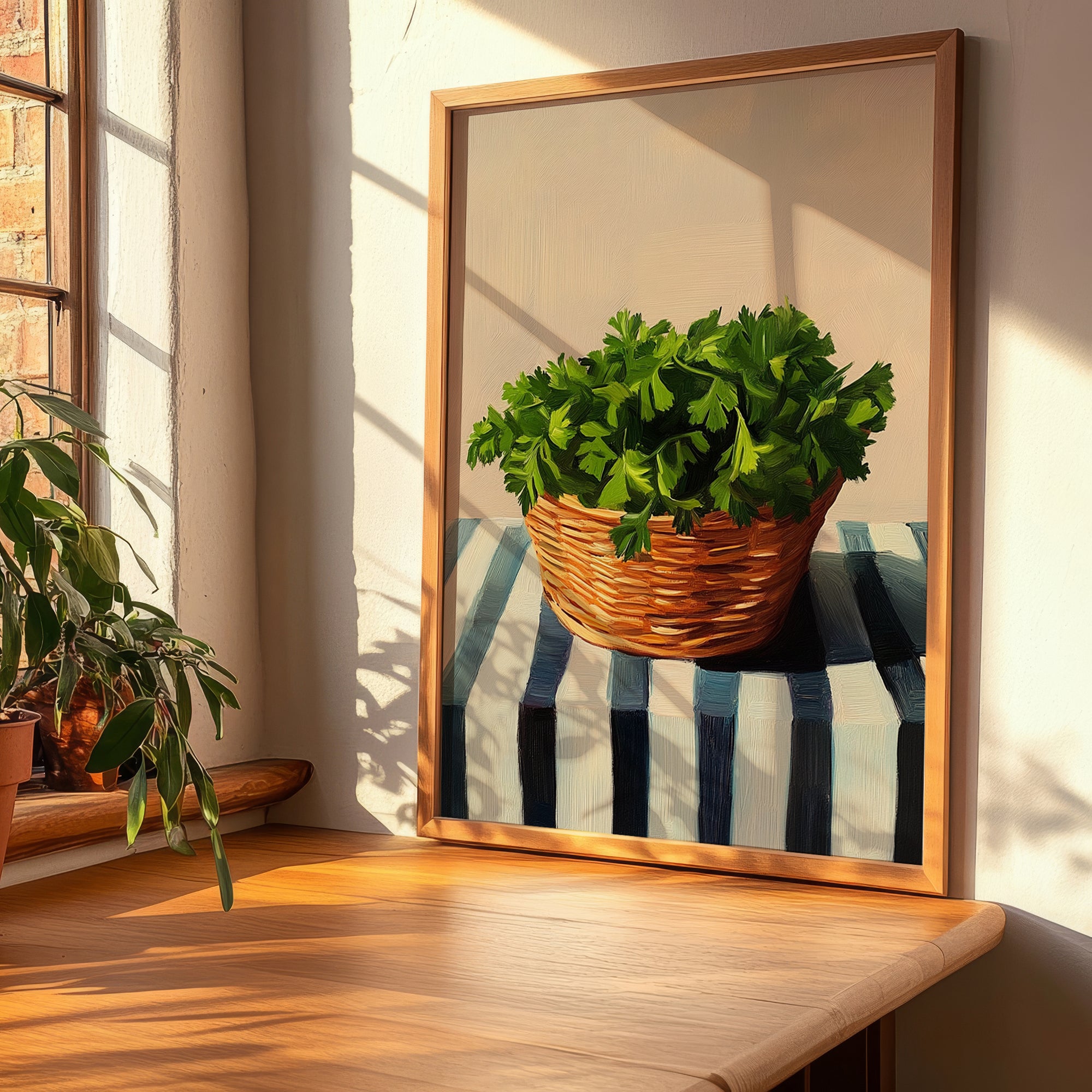 Coriander – on Striped Tablecloth, Fresh Herbs Still Life, clean layout with no caption