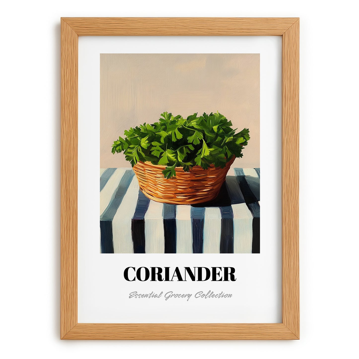 Coriander – on Striped Tablecloth, Fresh Herbs Still Life, set in oak frame