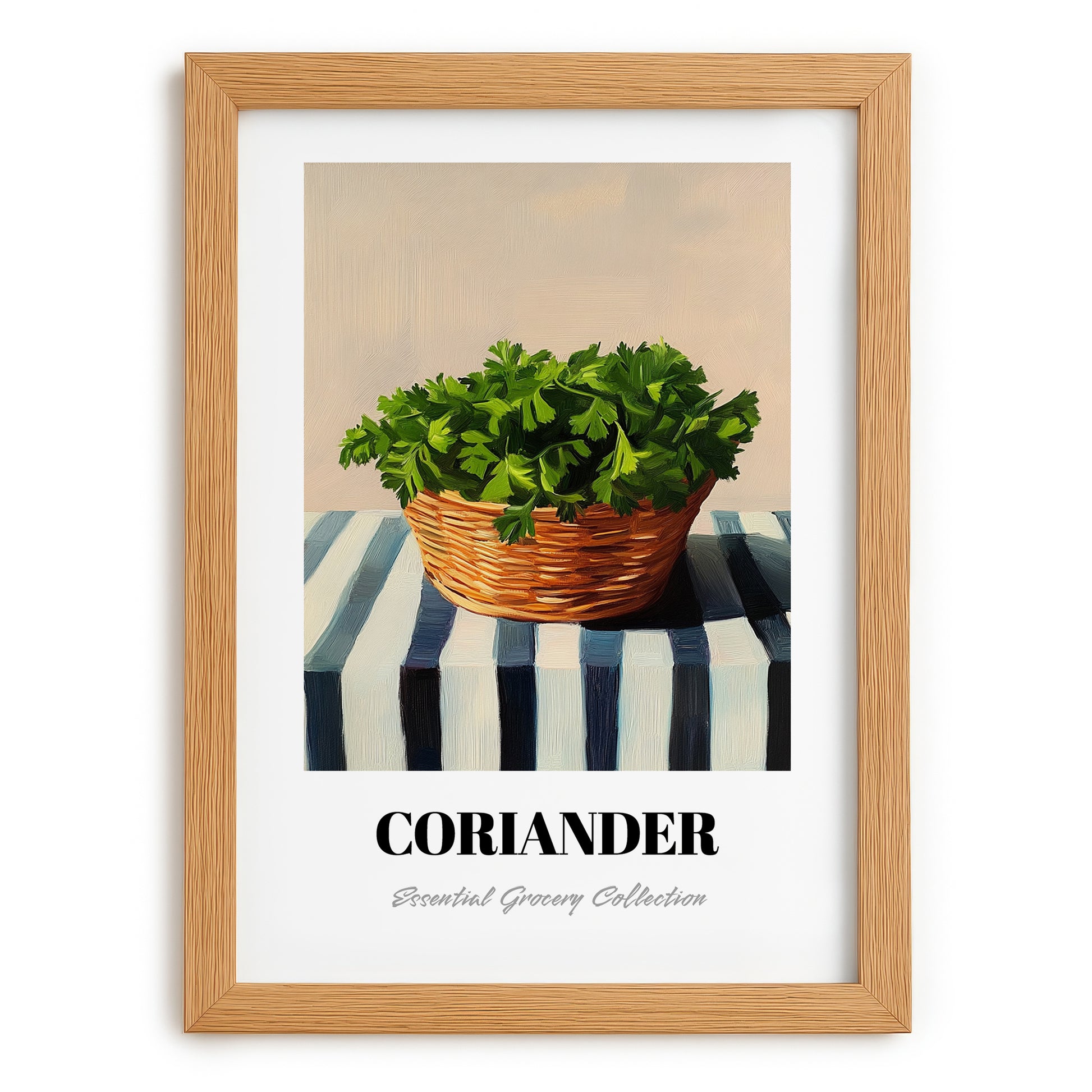 Coriander – on Striped Tablecloth, Fresh Herbs Still Life, set in oak frame