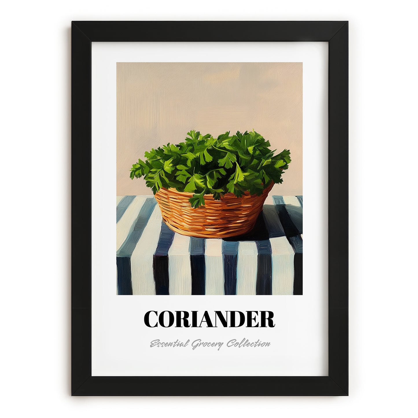 Coriander – on Striped Tablecloth, Fresh Herbs Still Life, in sleek black frame