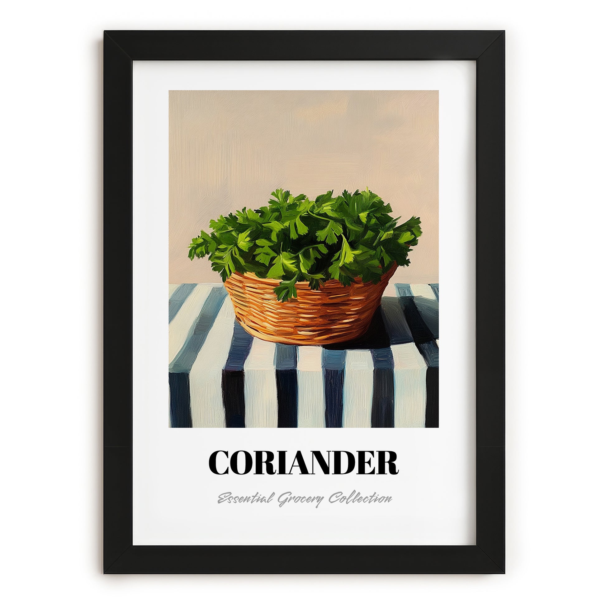 Coriander – on Striped Tablecloth, Fresh Herbs Still Life, in sleek black frame