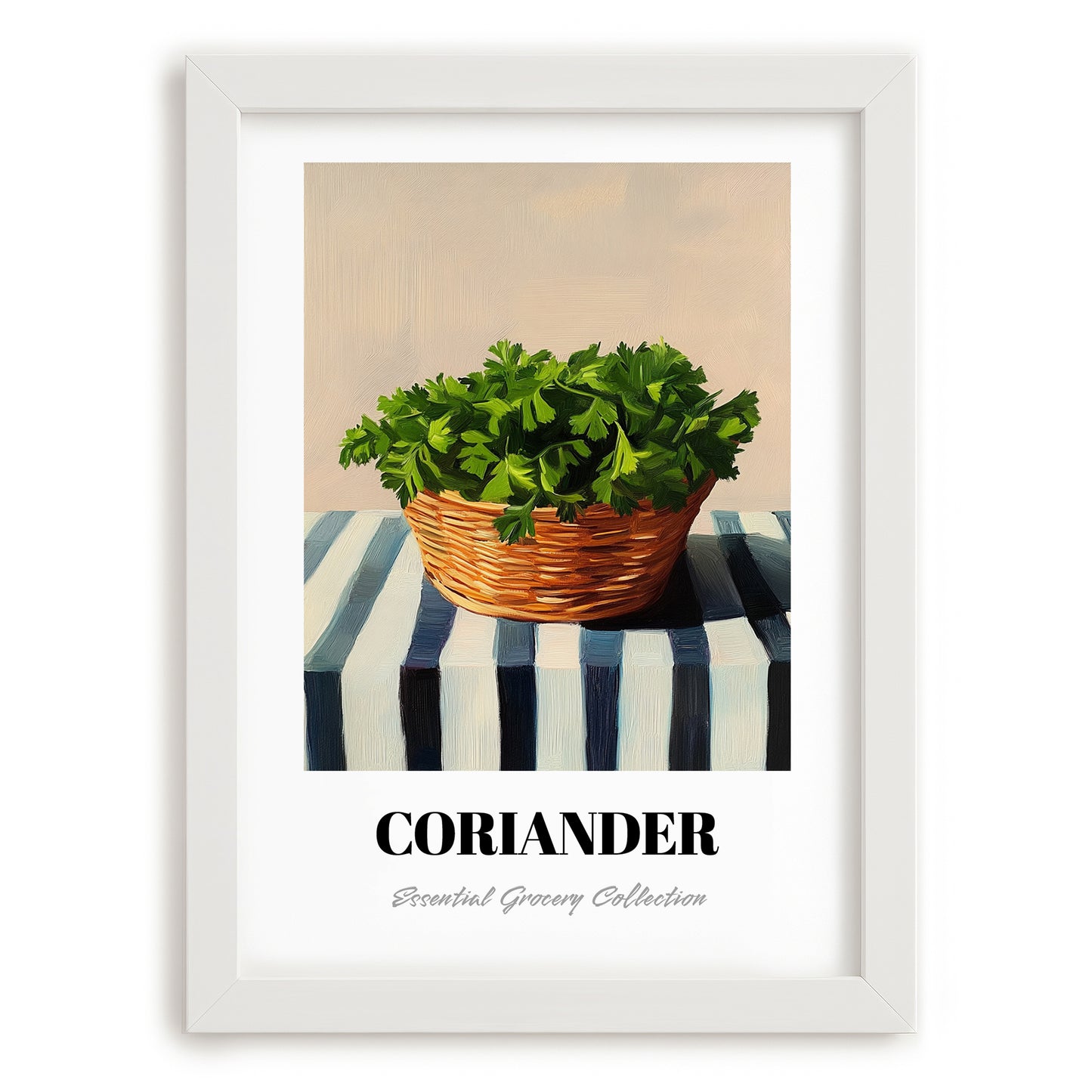 Coriander – on Striped Tablecloth, Fresh Herbs Still Life, placed in minimal white frame
