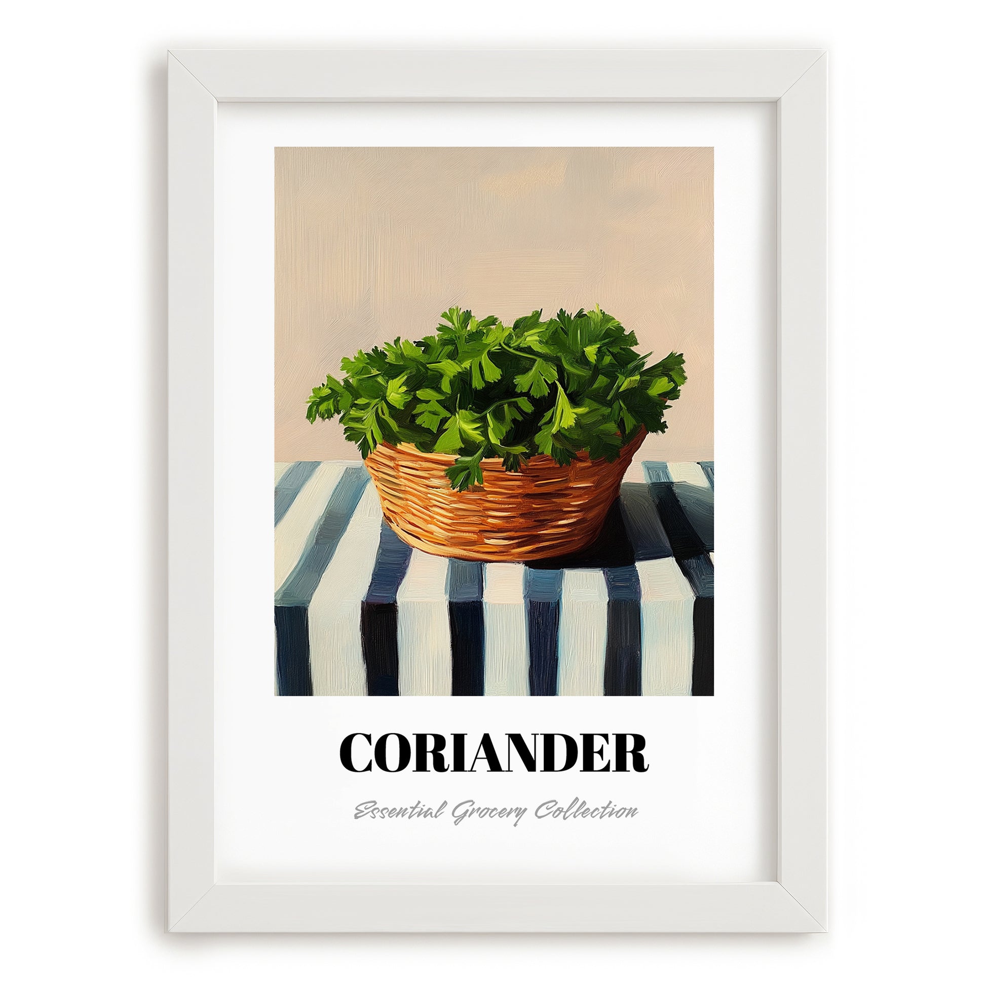 Coriander – on Striped Tablecloth, Fresh Herbs Still Life, placed in minimal white frame