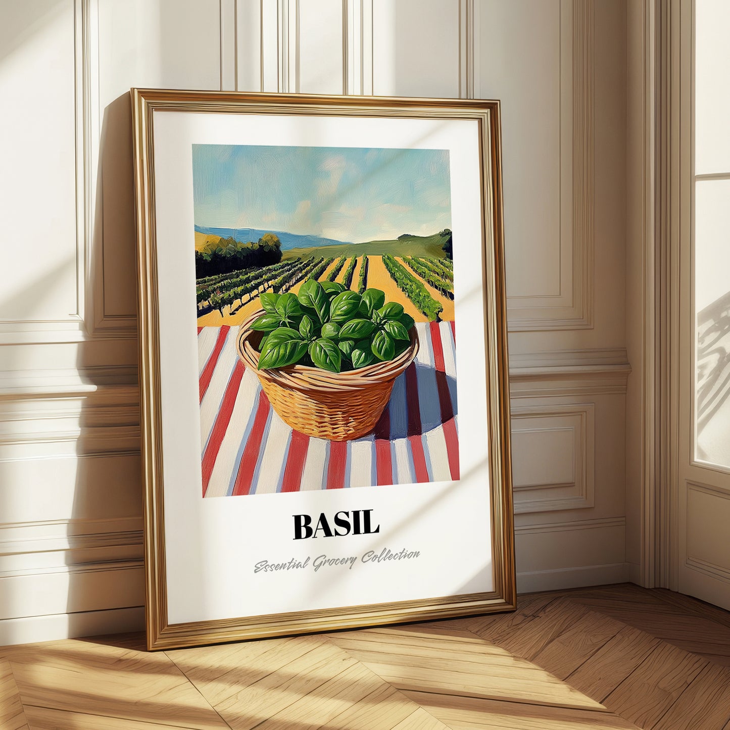 Basil – Green Valley Landscape, Fresh Herbs Still Life