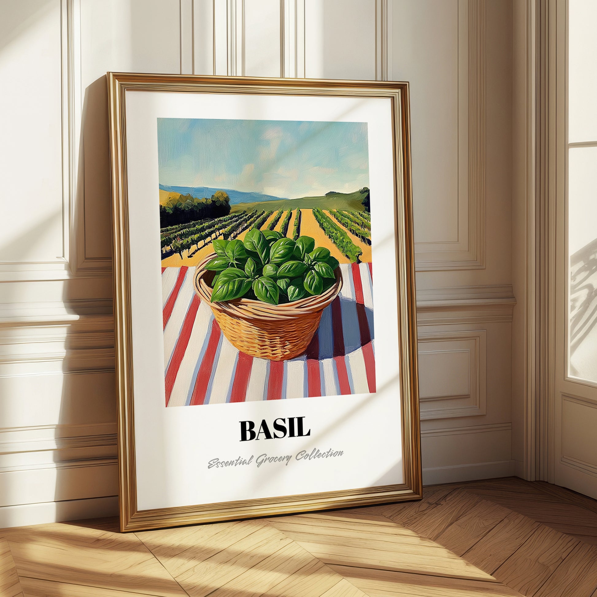 Basil – Green Valley Landscape, Fresh Herbs Still Life