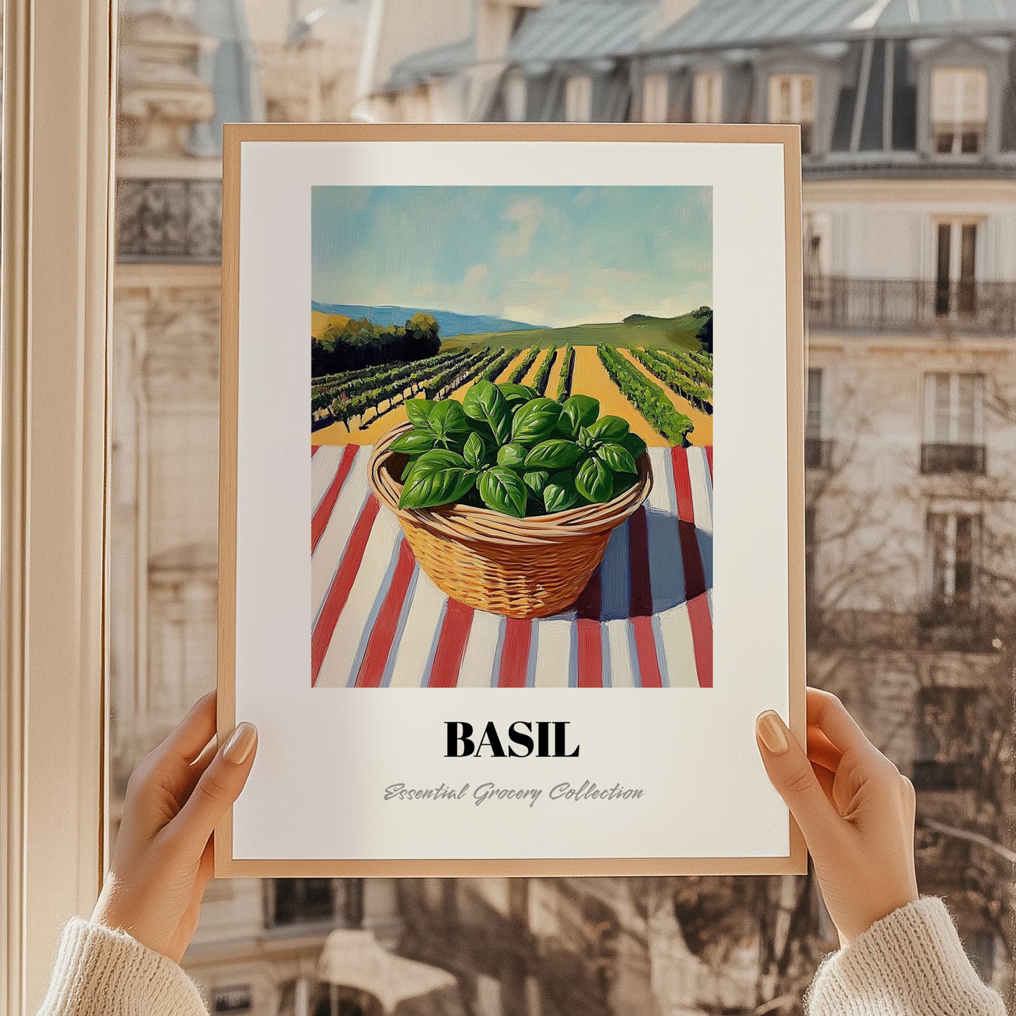 Basil – Green Valley Landscape, Fresh Herbs Still Life, styled in a charming Paris street view