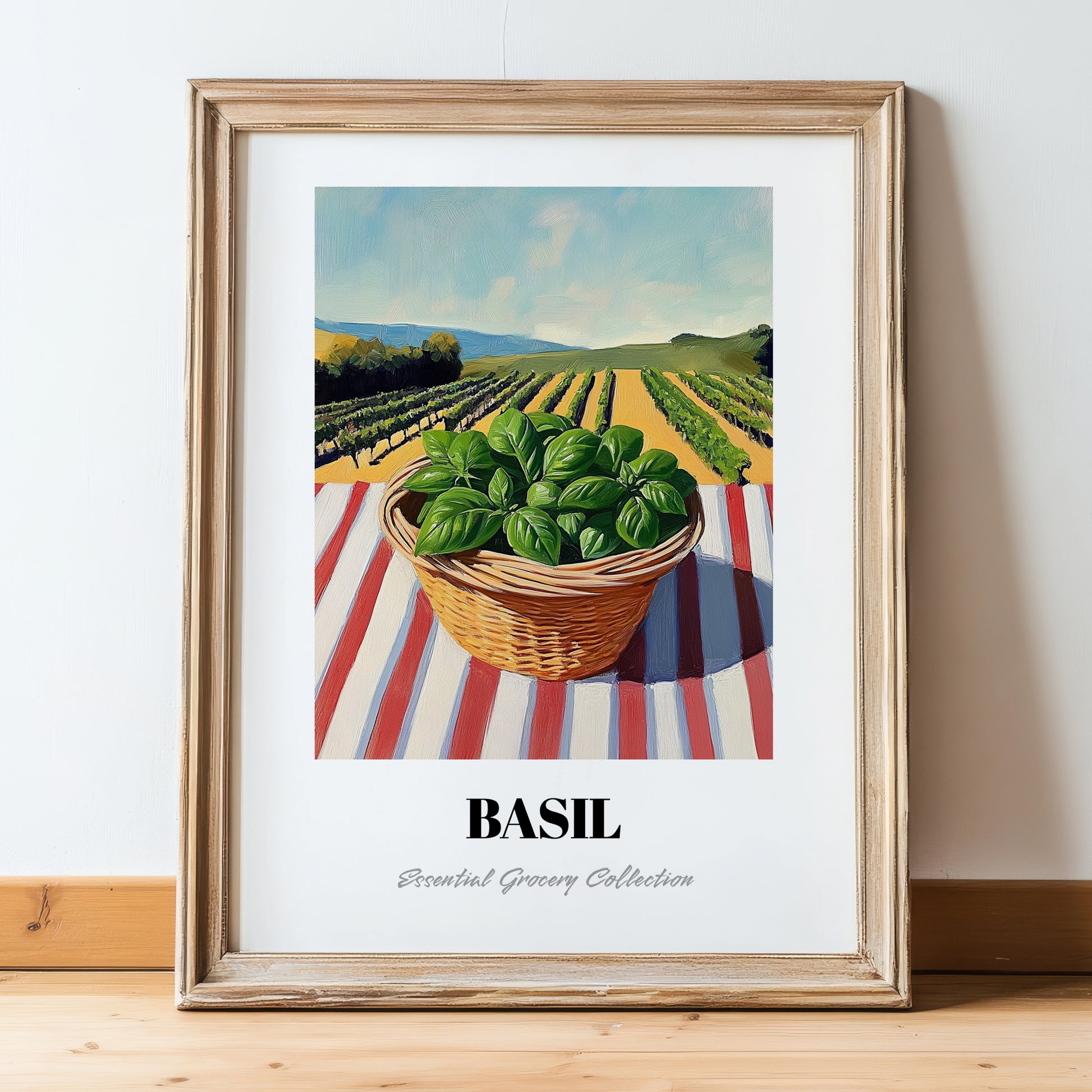 Basil – Green Valley Landscape, Fresh Herbs Still Life, in wooden frame leaning on the floor