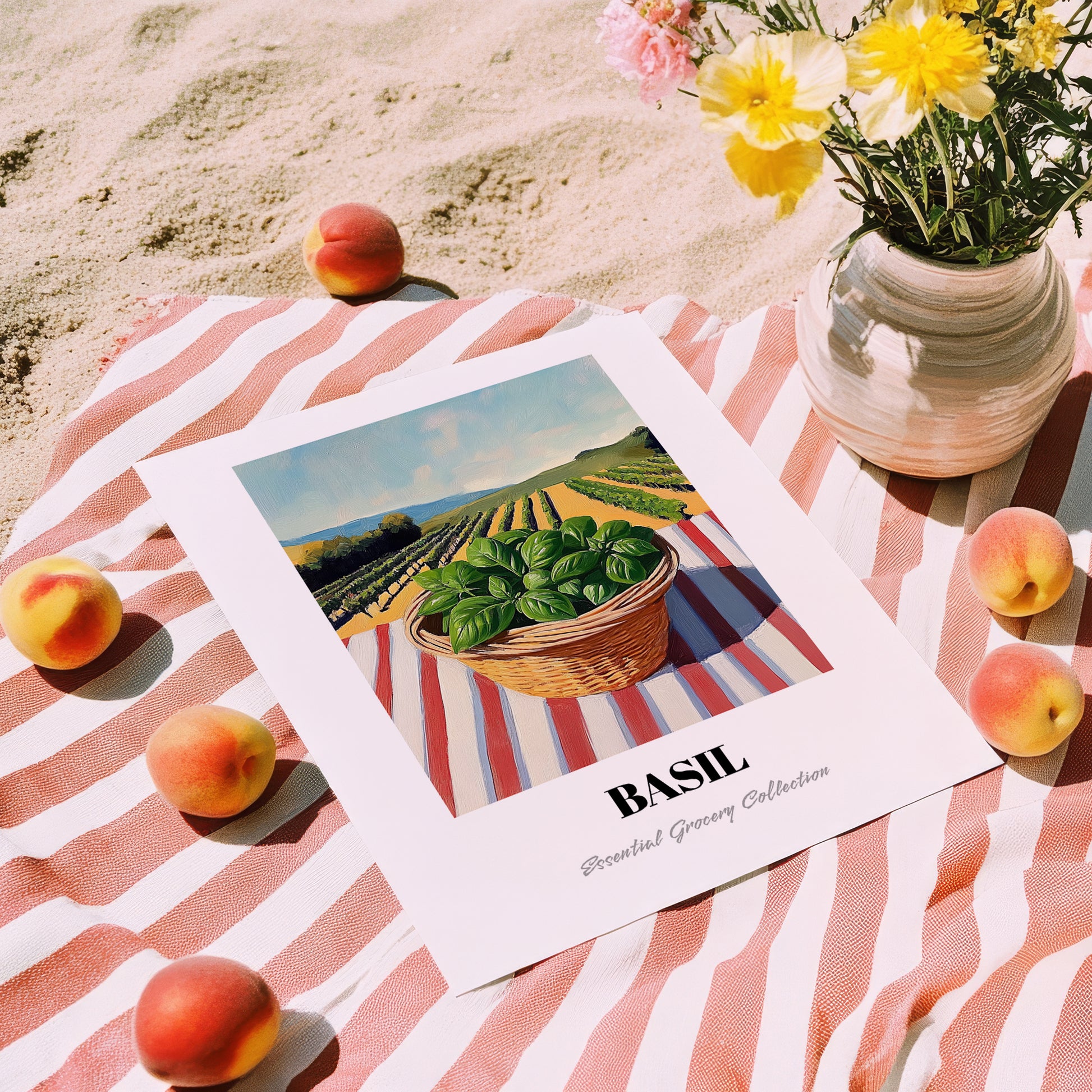 Basil – Green Valley Landscape, Fresh Herbs Still Life, unframed on coastal sand