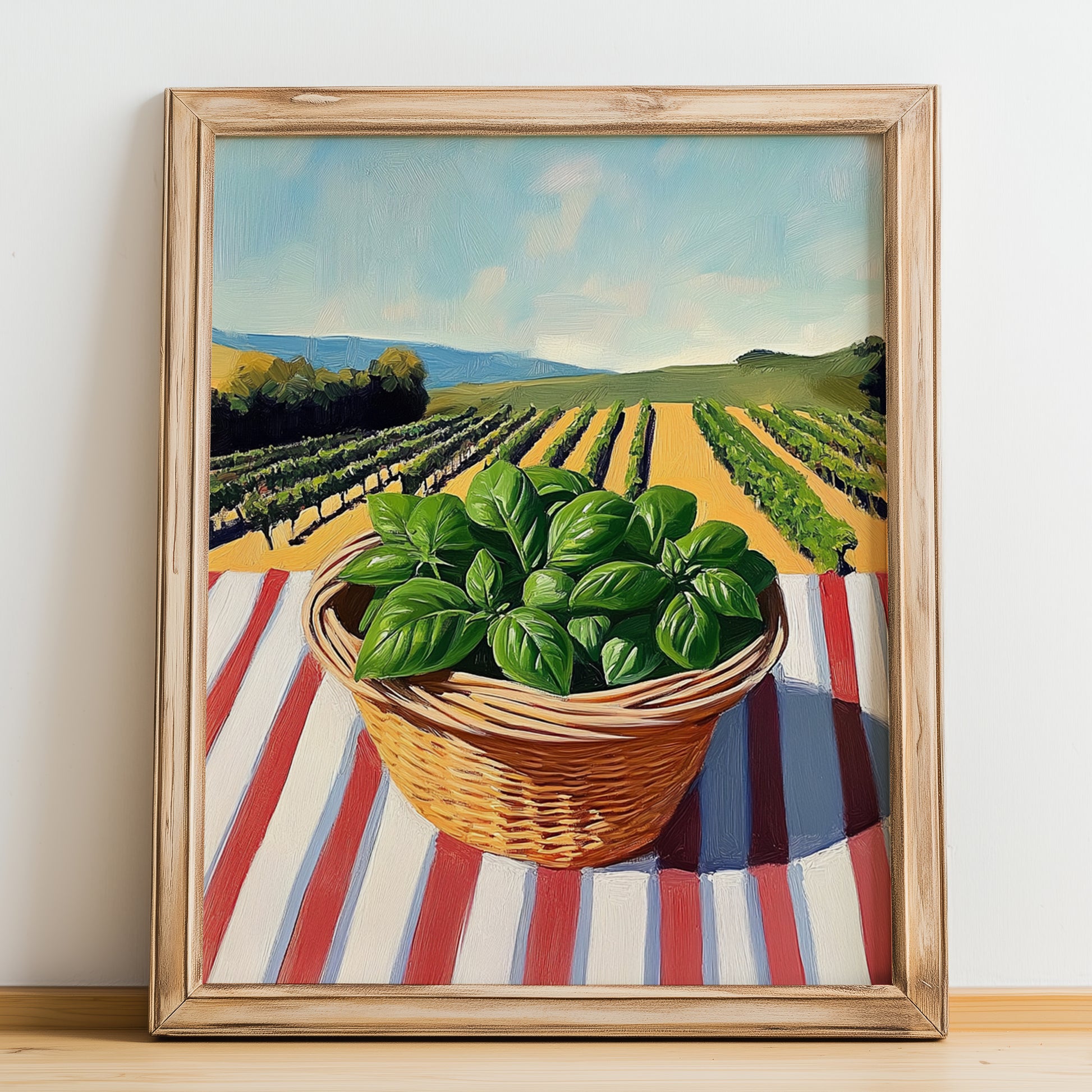 Basil – Green Valley Landscape, Fresh Herbs Still Life, no-text version framed in wood