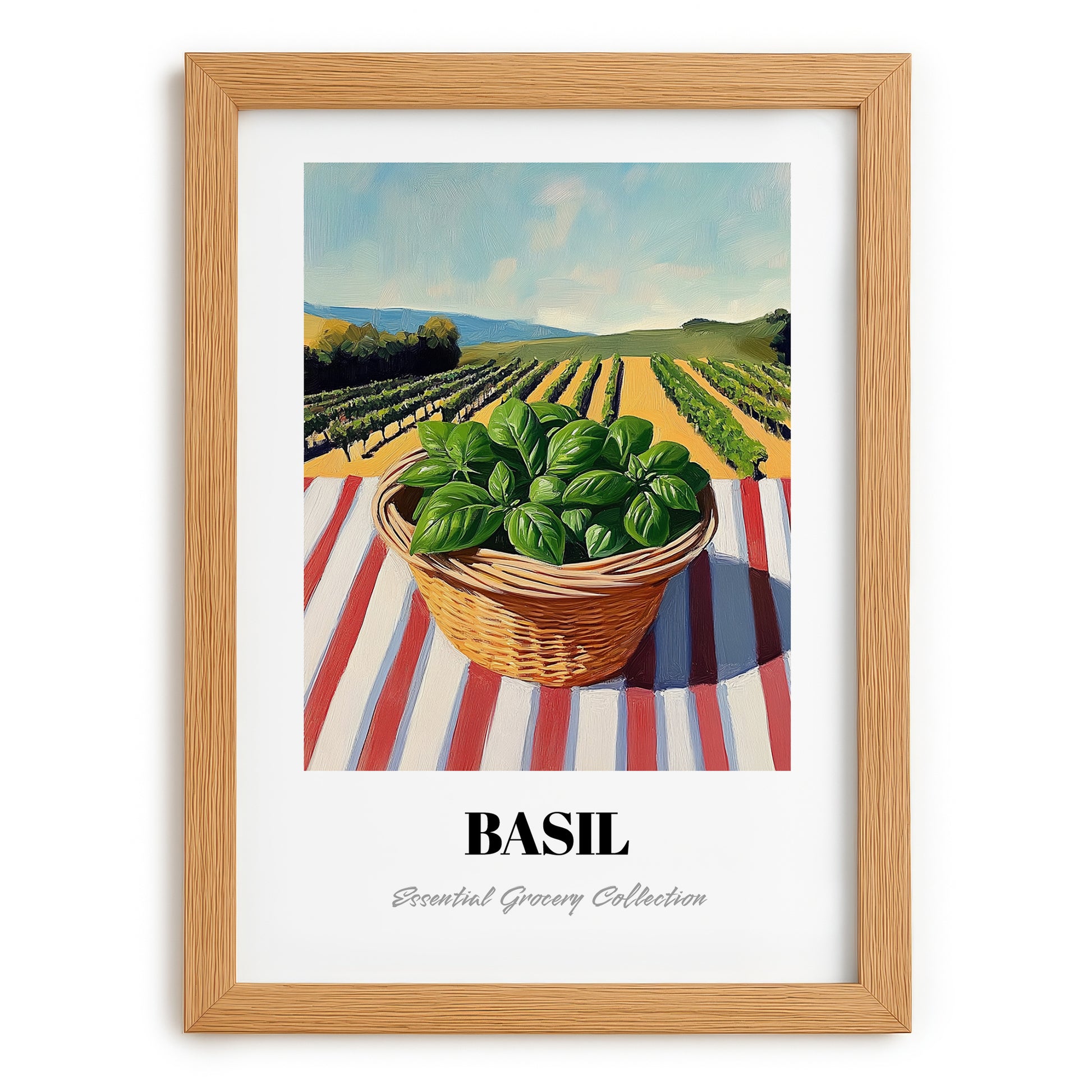 Basil – Green Valley Landscape, Fresh Herbs Still Life, set in oak frame