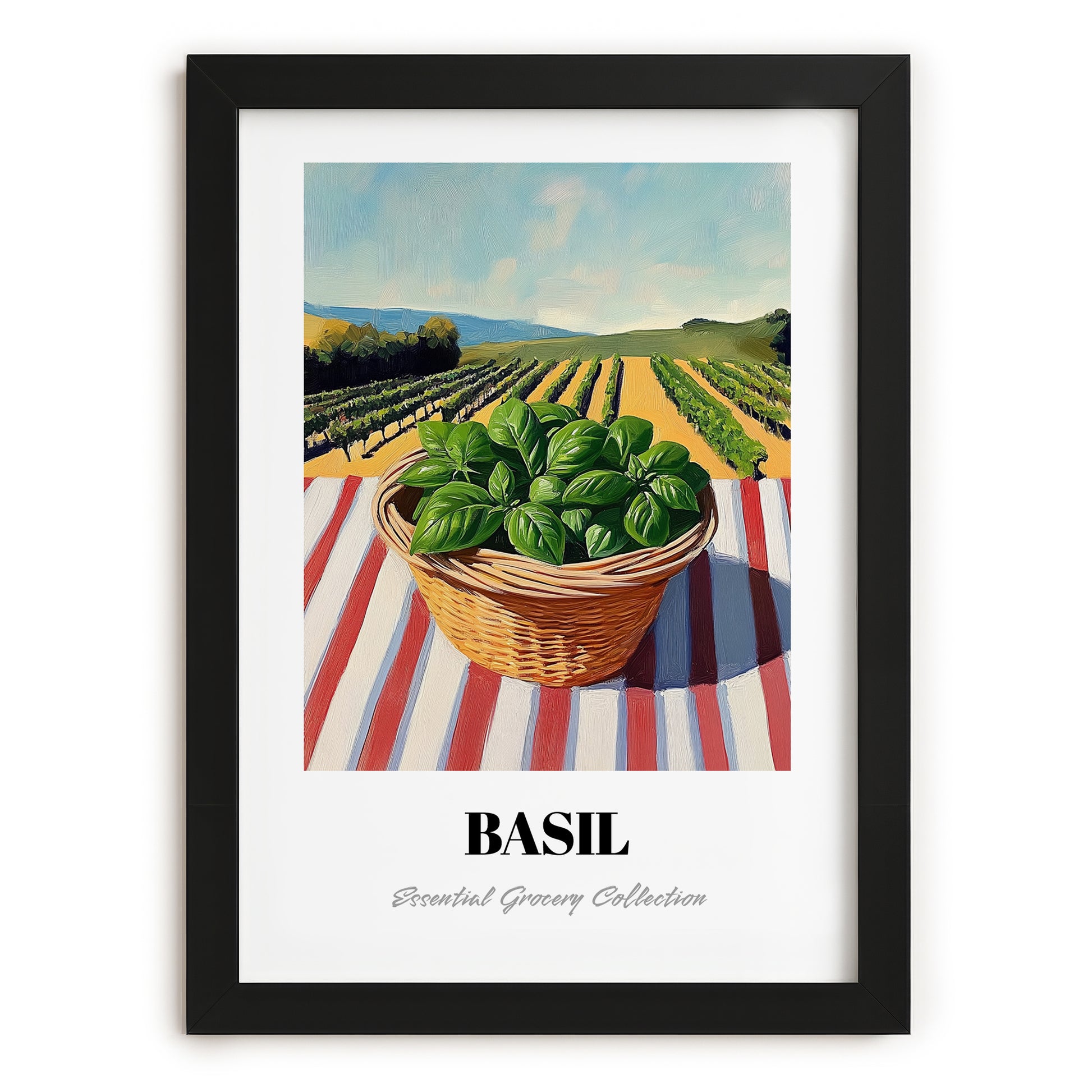 Basil – Green Valley Landscape, Fresh Herbs Still Life, in sleek black frame