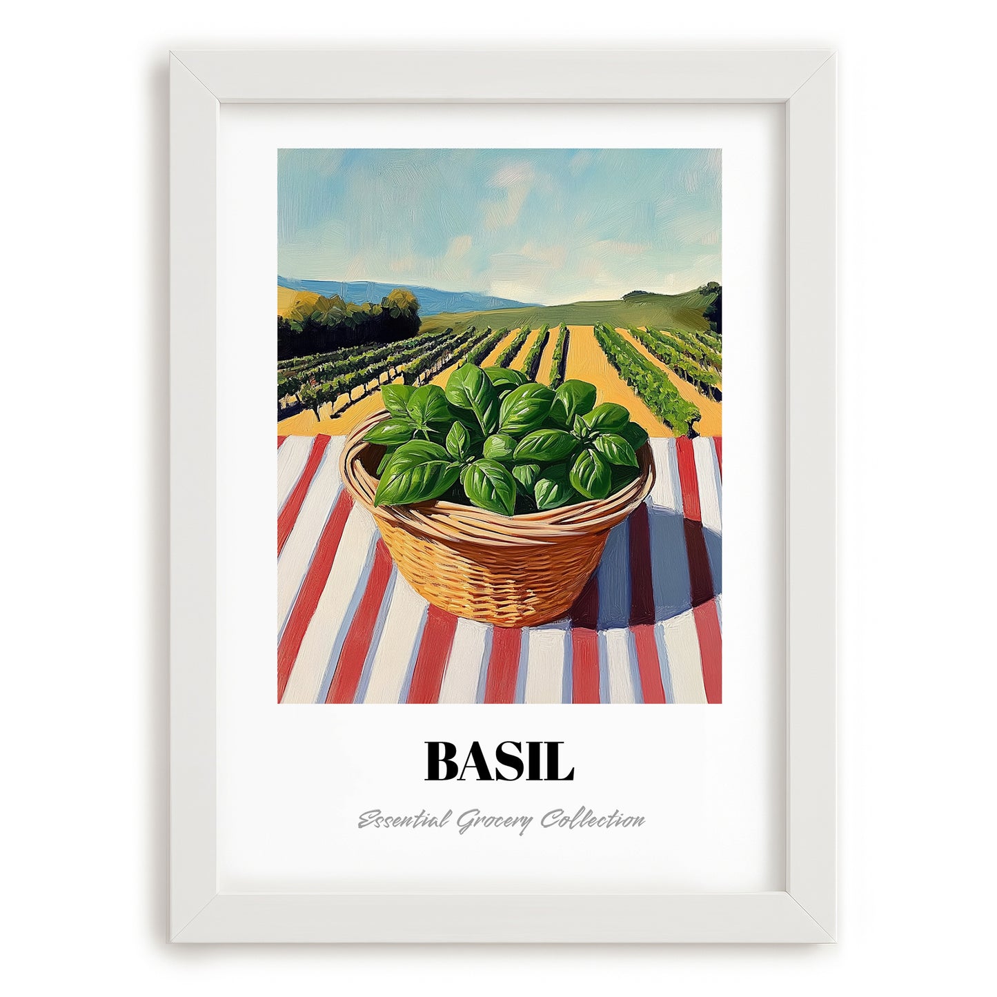 Basil – Green Valley Landscape, Fresh Herbs Still Life, placed in minimal white frame