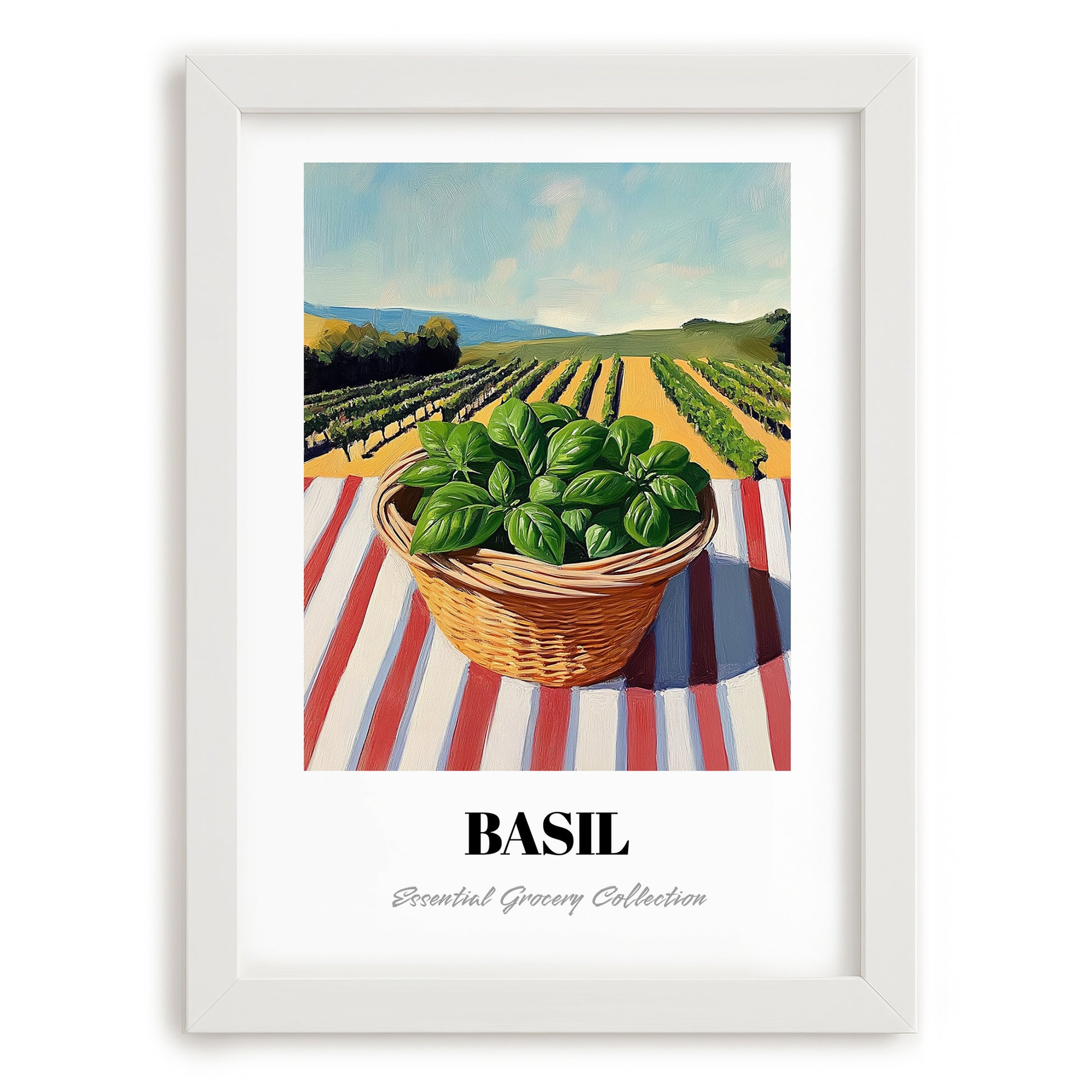 Basil – Green Valley Landscape, Fresh Herbs Still Life, placed in minimal white frame