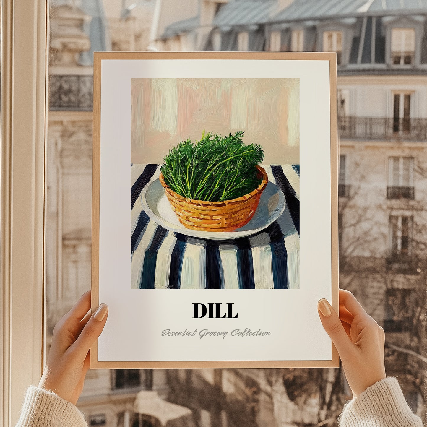 Dill – on Striped Tablecloth, Fresh Herbs Wall Decor, styled in a charming Paris street view
