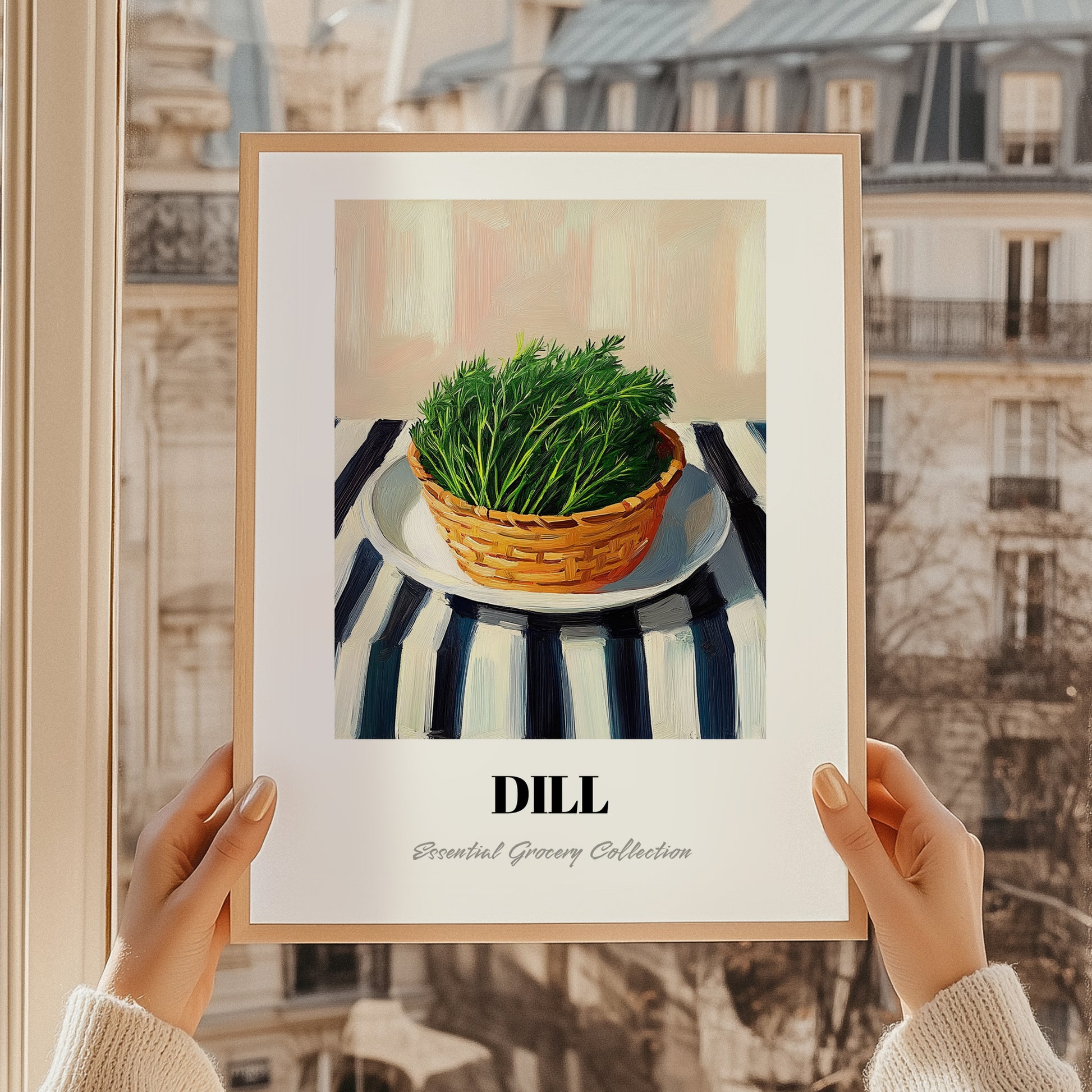 Dill – on Striped Tablecloth, Fresh Herbs Wall Decor, styled in a charming Paris street view
