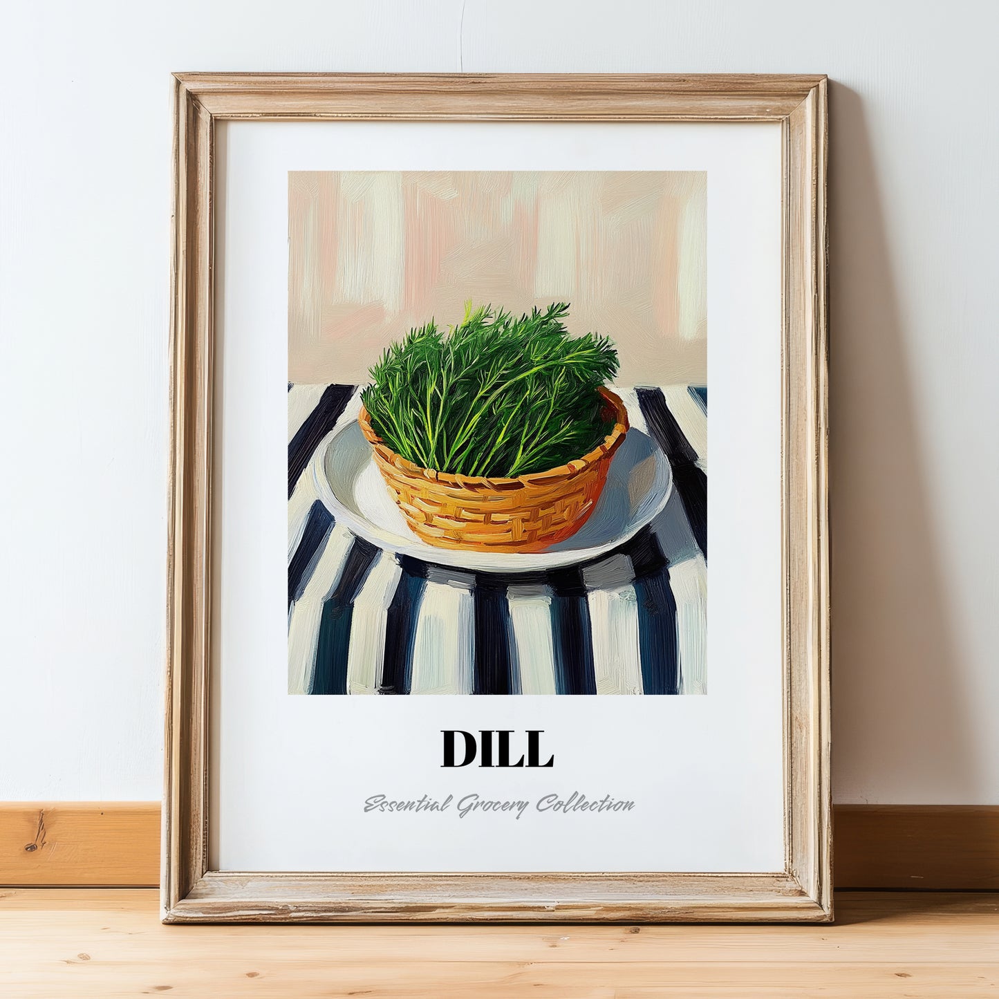 Dill – on Striped Tablecloth, Fresh Herbs Wall Decor, in wooden frame leaning on the floor