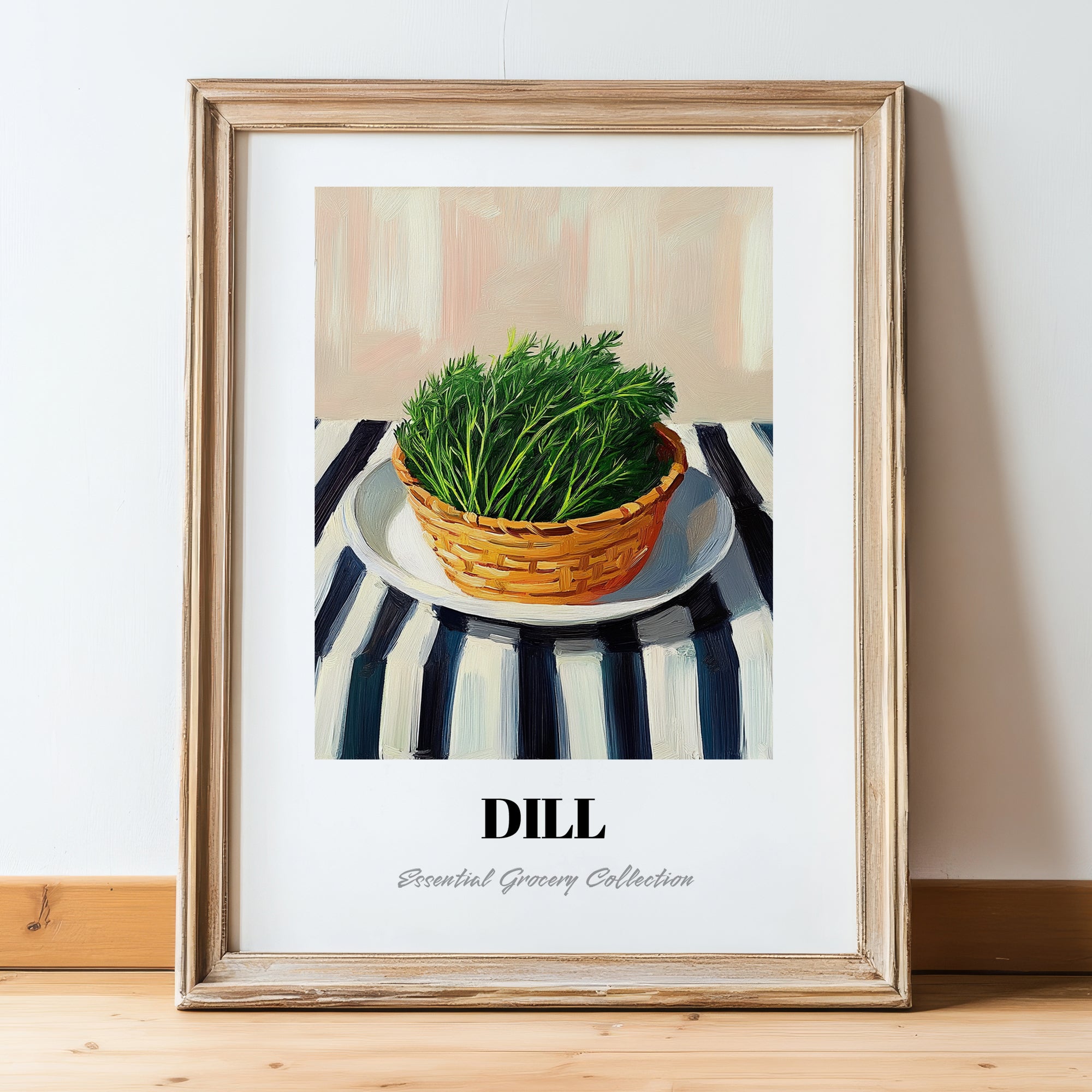 Dill – on Striped Tablecloth, Fresh Herbs Wall Decor, in wooden frame leaning on the floor