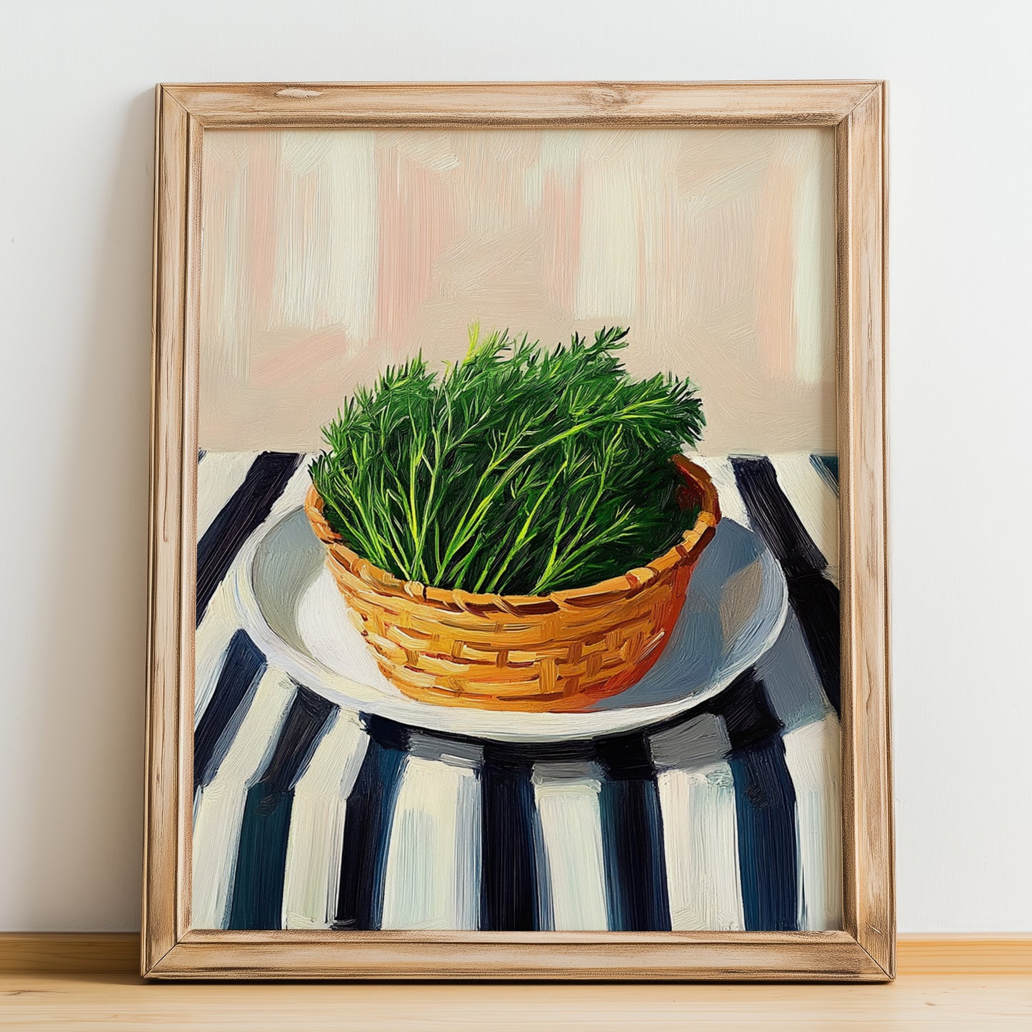 Dill – on Striped Tablecloth, Fresh Herbs Wall Decor, no-text version framed in wood