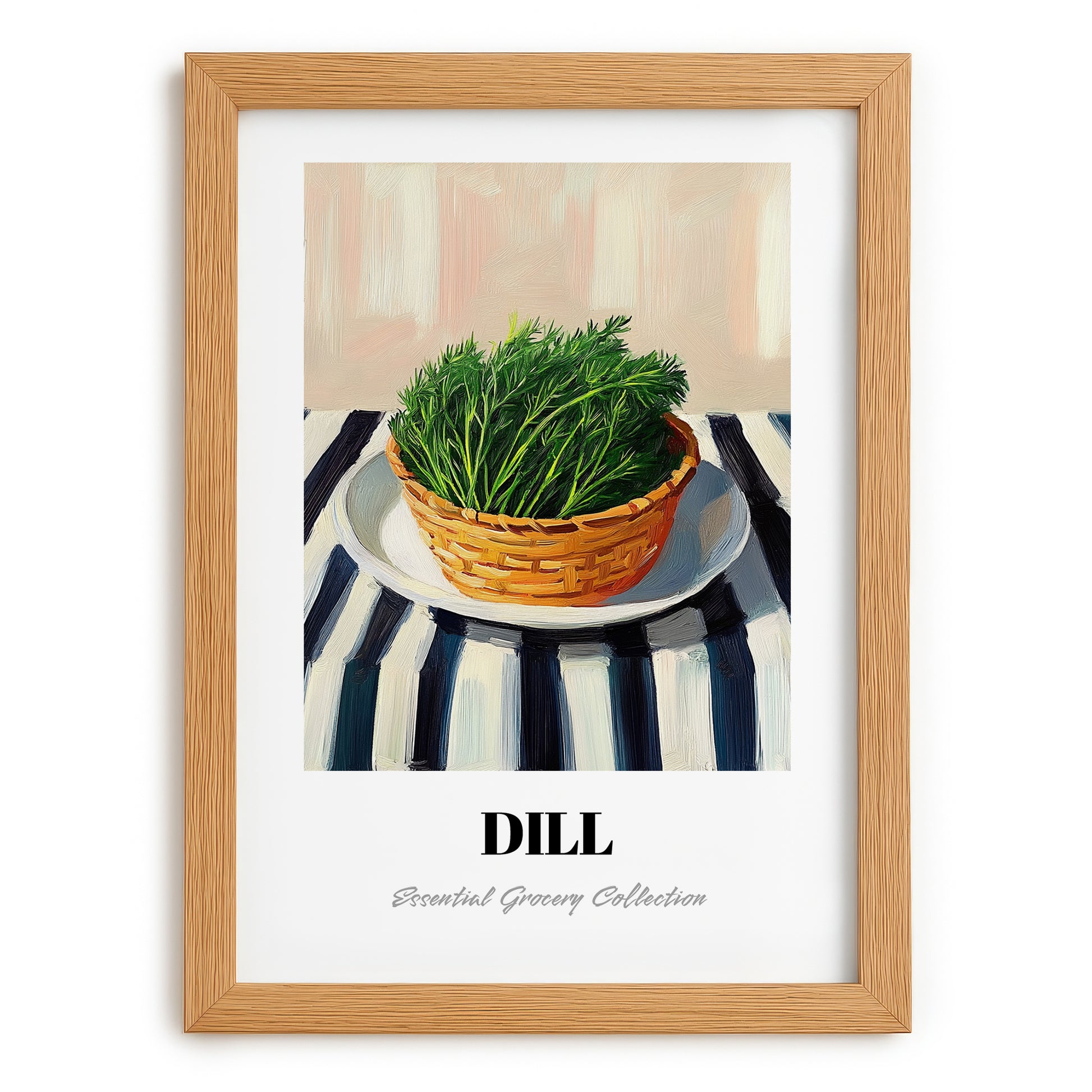 Dill – on Striped Tablecloth, Fresh Herbs Wall Decor, set in oak frame