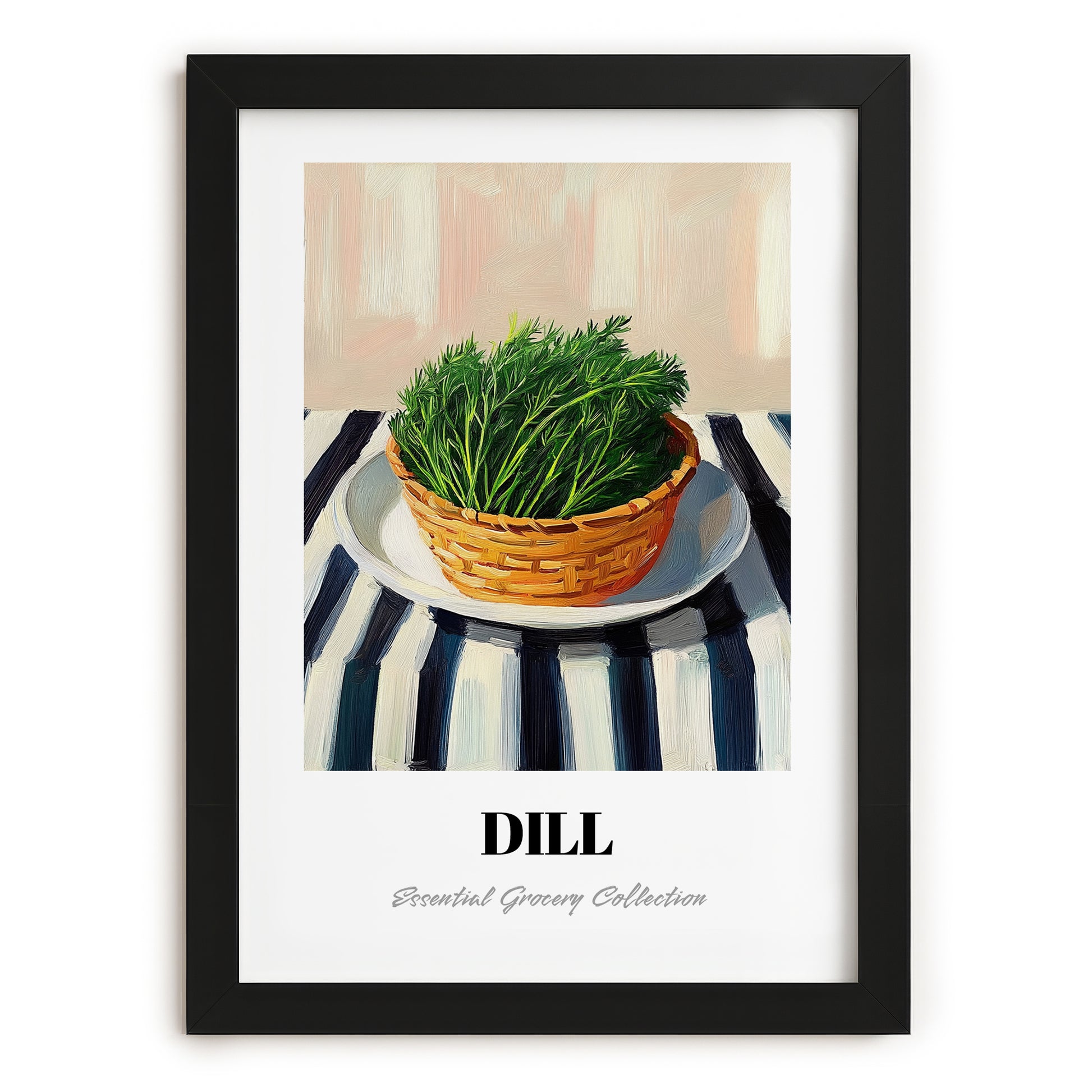 Dill – on Striped Tablecloth, Fresh Herbs Wall Decor, in sleek black frame