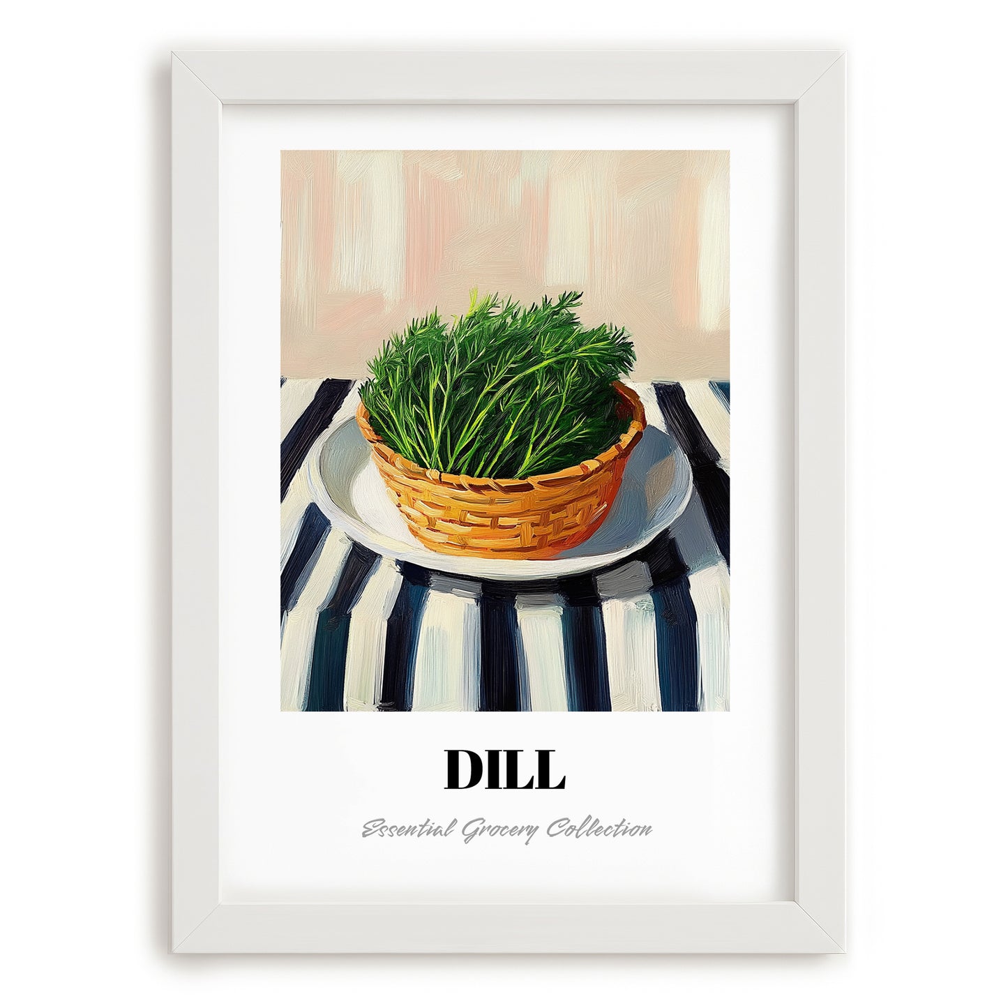 Dill – on Striped Tablecloth, Fresh Herbs Wall Decor, placed in minimal white frame