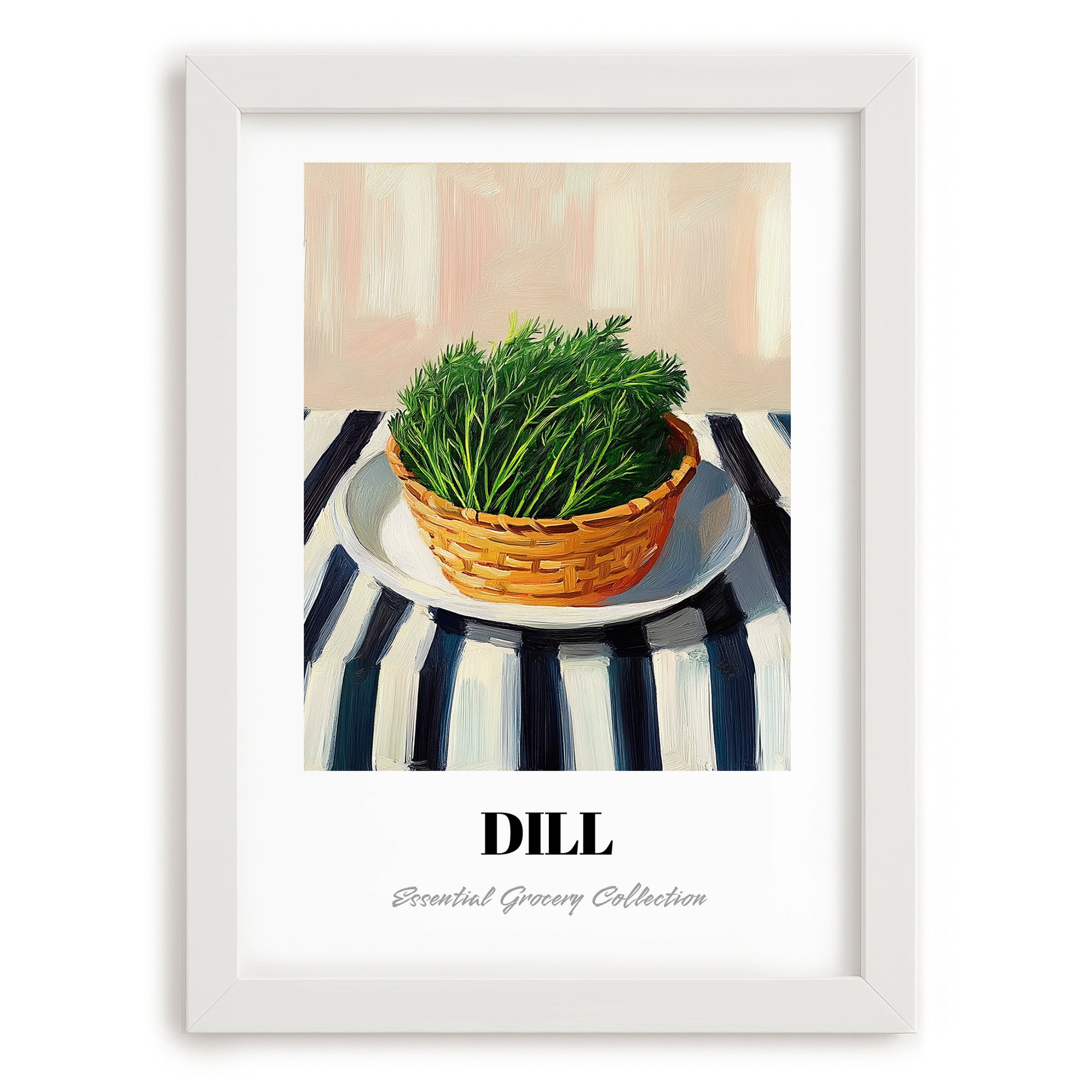 Dill – on Striped Tablecloth, Fresh Herbs Wall Decor, placed in minimal white frame