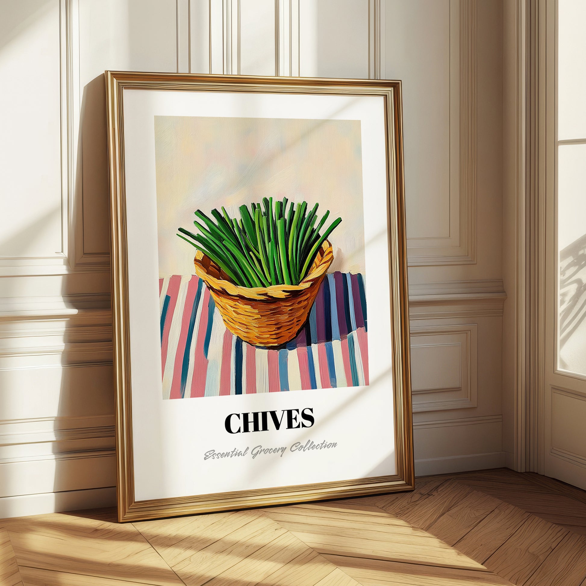 Chives – on Striped Tablecloth, Fresh Herbs Still Life
