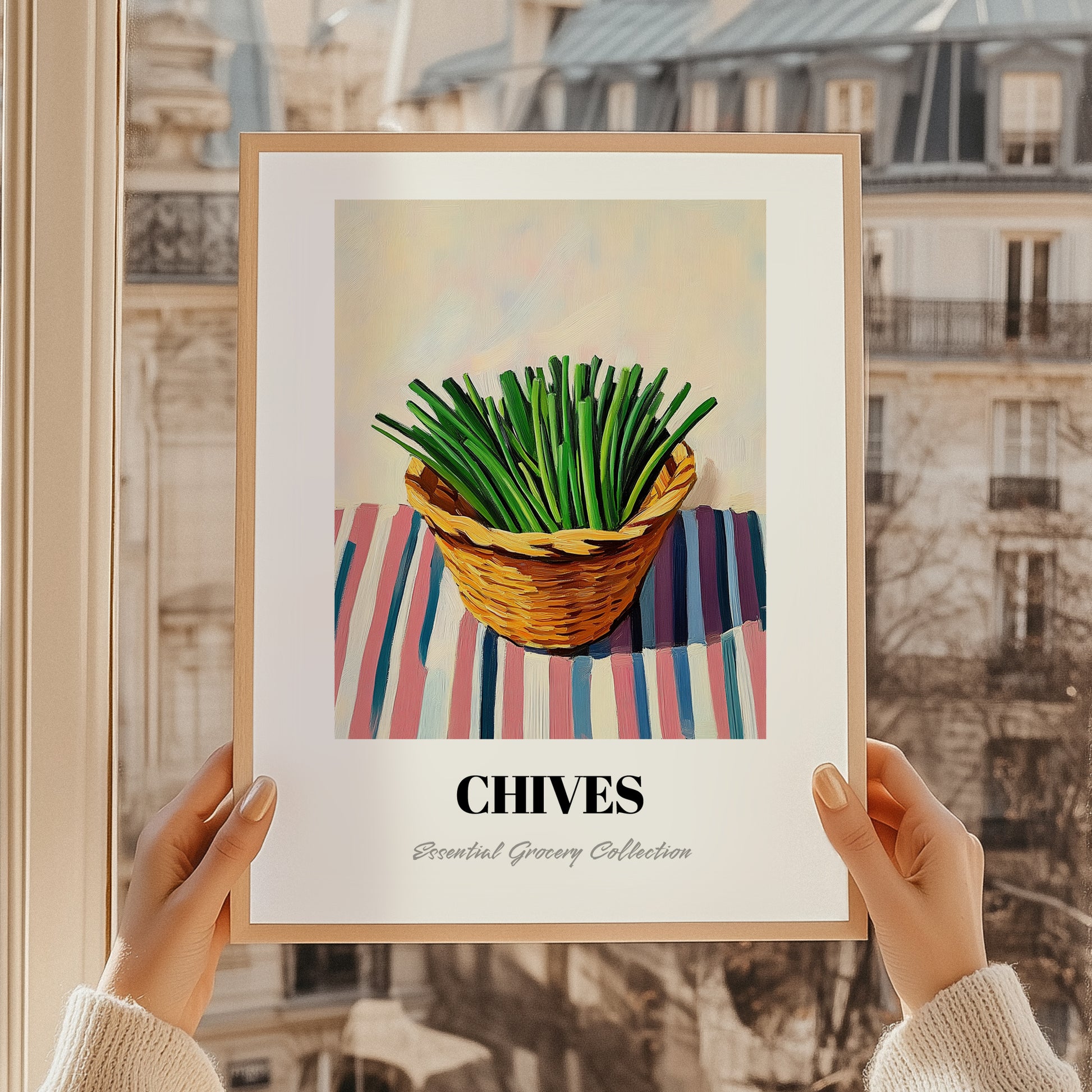 Chives – on Striped Tablecloth, Fresh Herbs Still Life, styled in a charming Paris street view