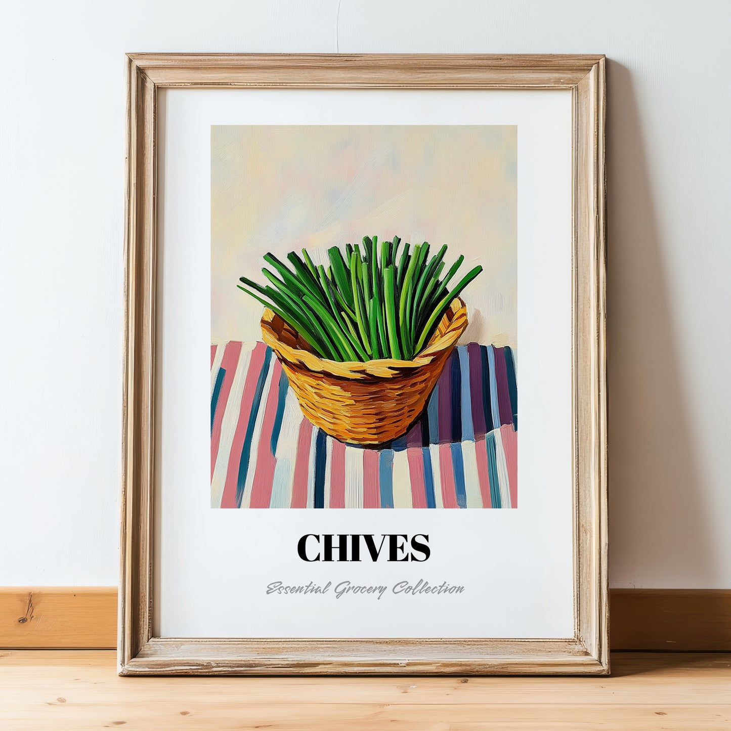 Chives – on Striped Tablecloth, Fresh Herbs Still Life, in wooden frame leaning on the floor
