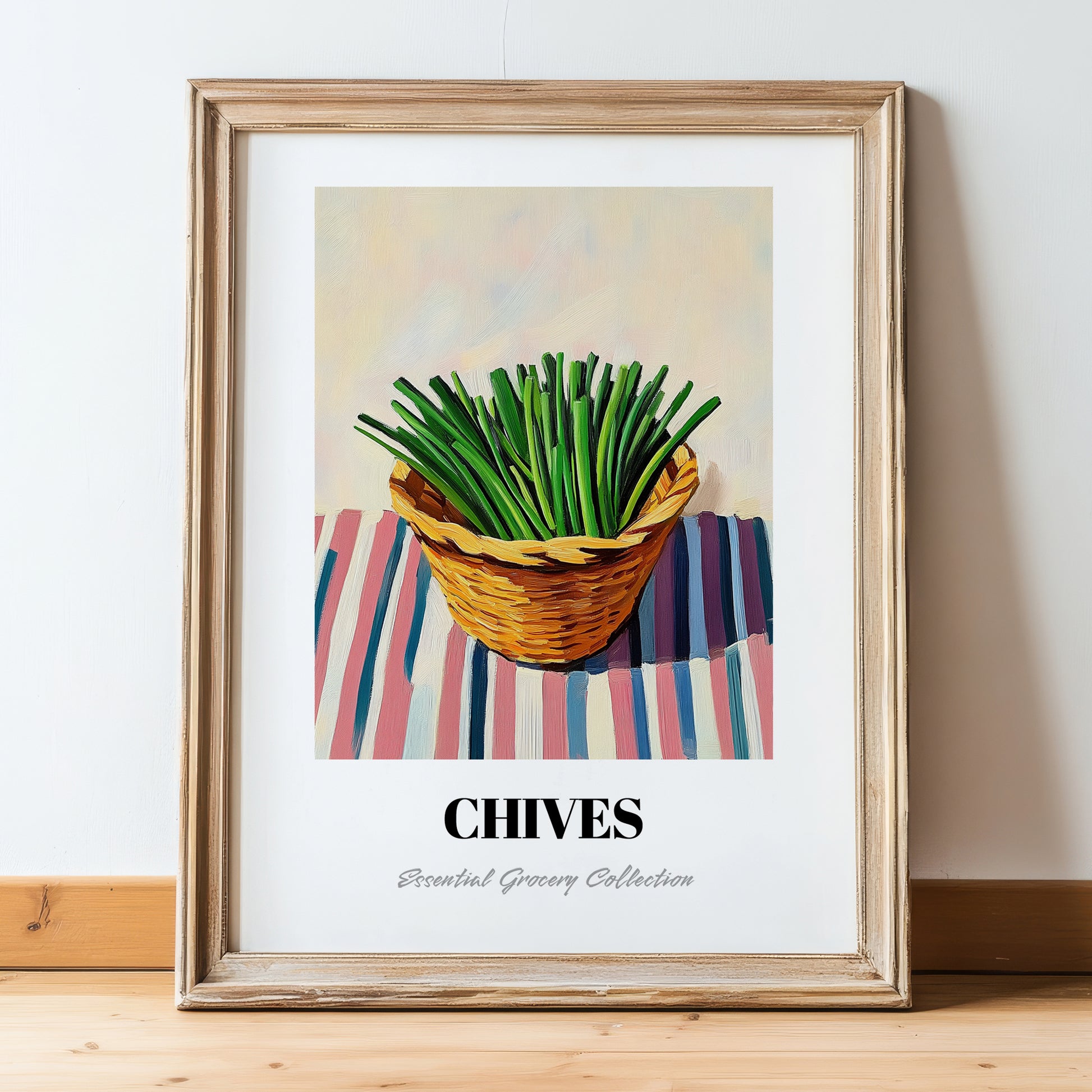 Chives – on Striped Tablecloth, Fresh Herbs Still Life, in wooden frame leaning on the floor