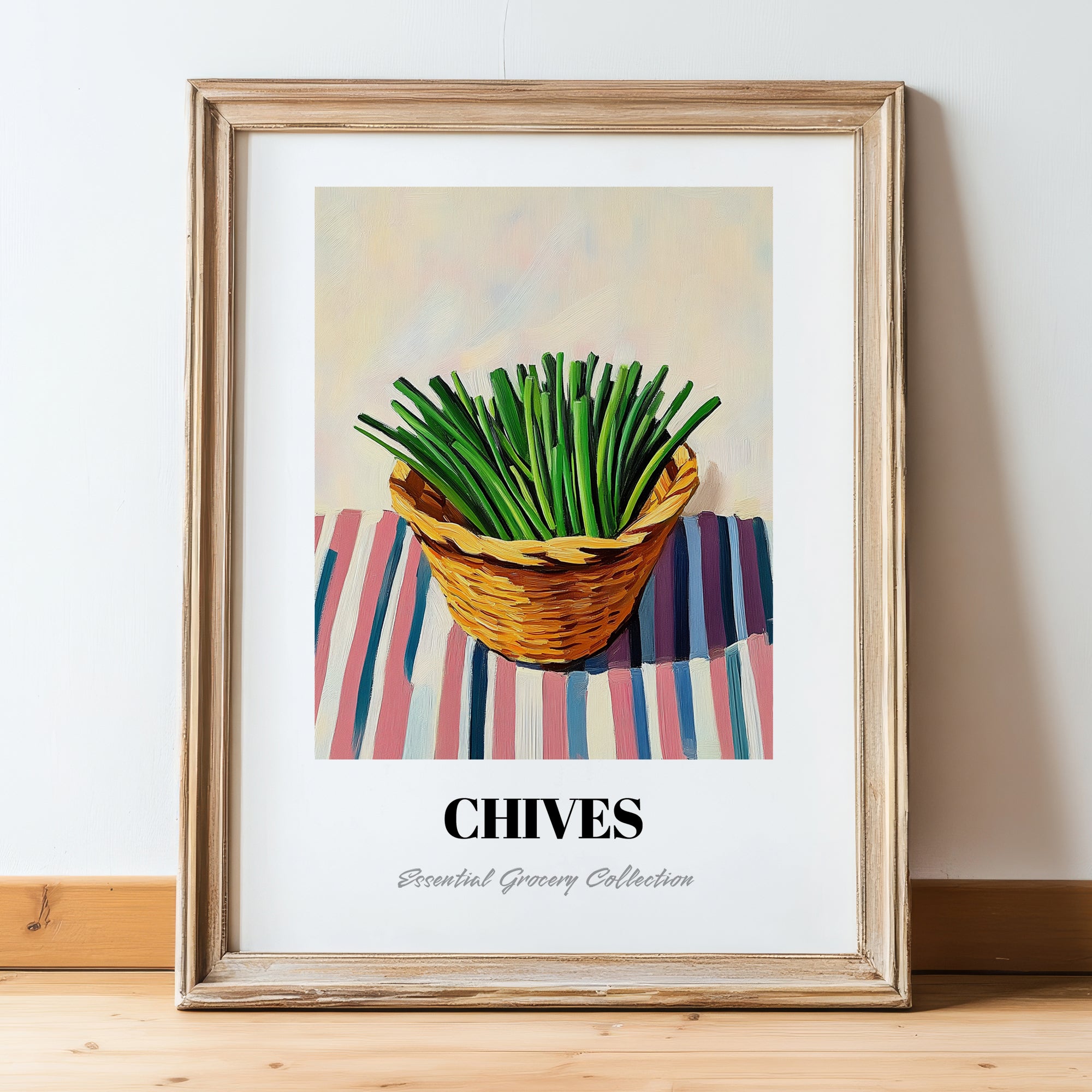 Chives – on Striped Tablecloth, Fresh Herbs Still Life, in wooden frame leaning on the floor