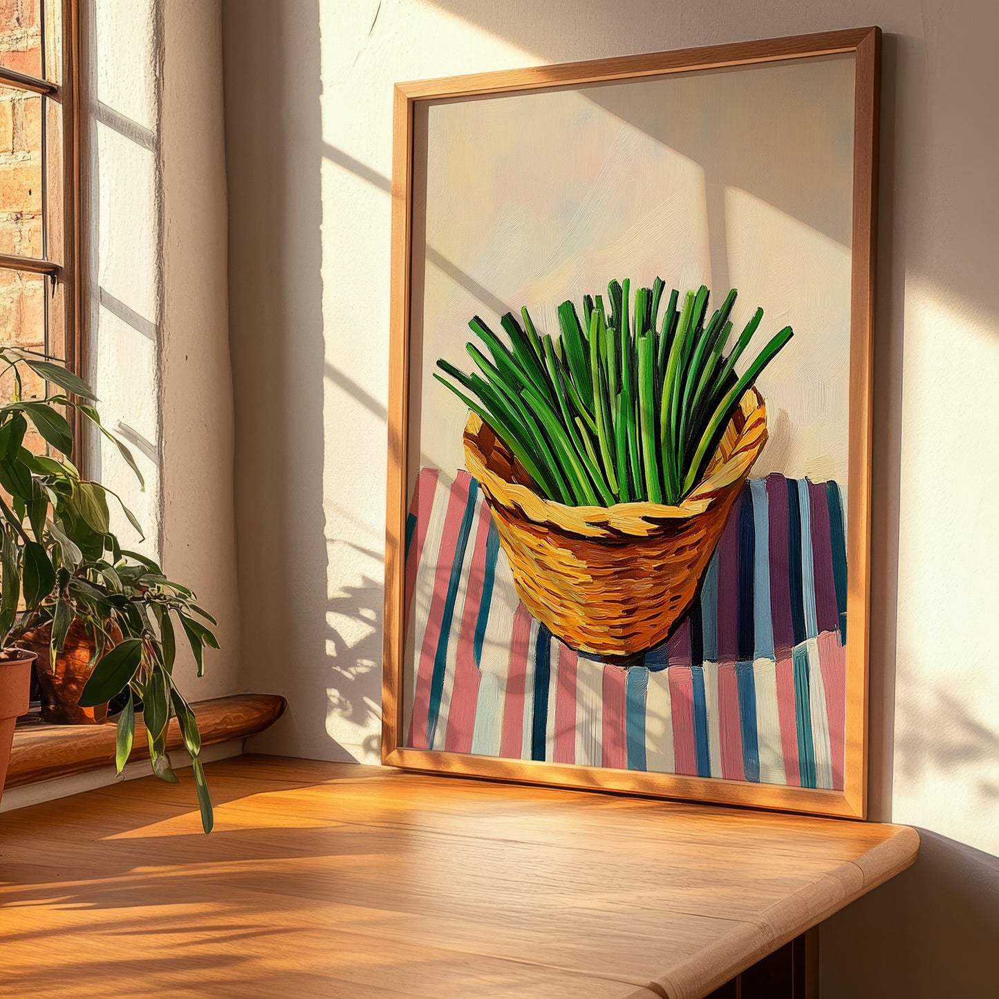 Chives – on Striped Tablecloth, Fresh Herbs Still Life, clean layout with no caption