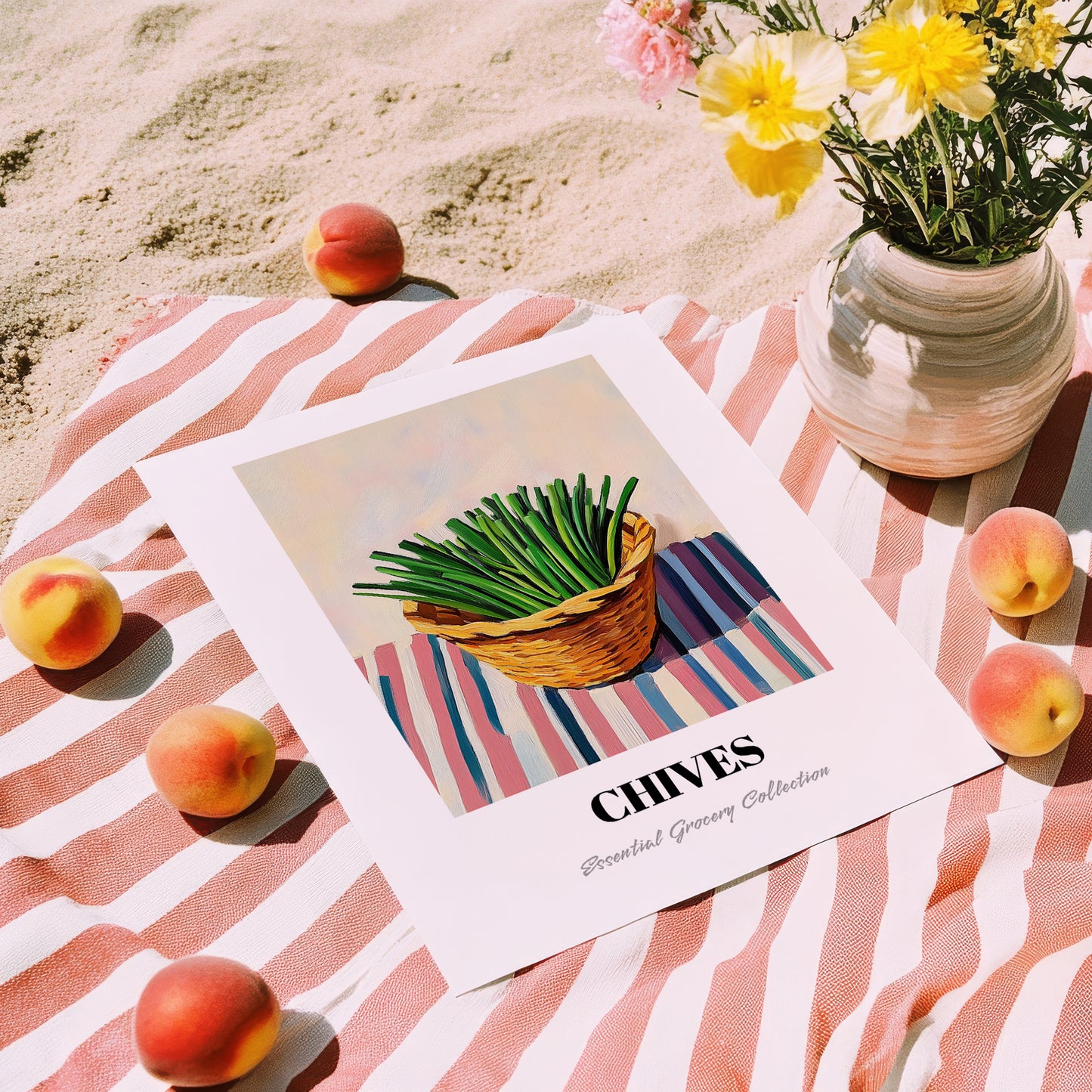 Chives – on Striped Tablecloth, Fresh Herbs Still Life, unframed on coastal sand