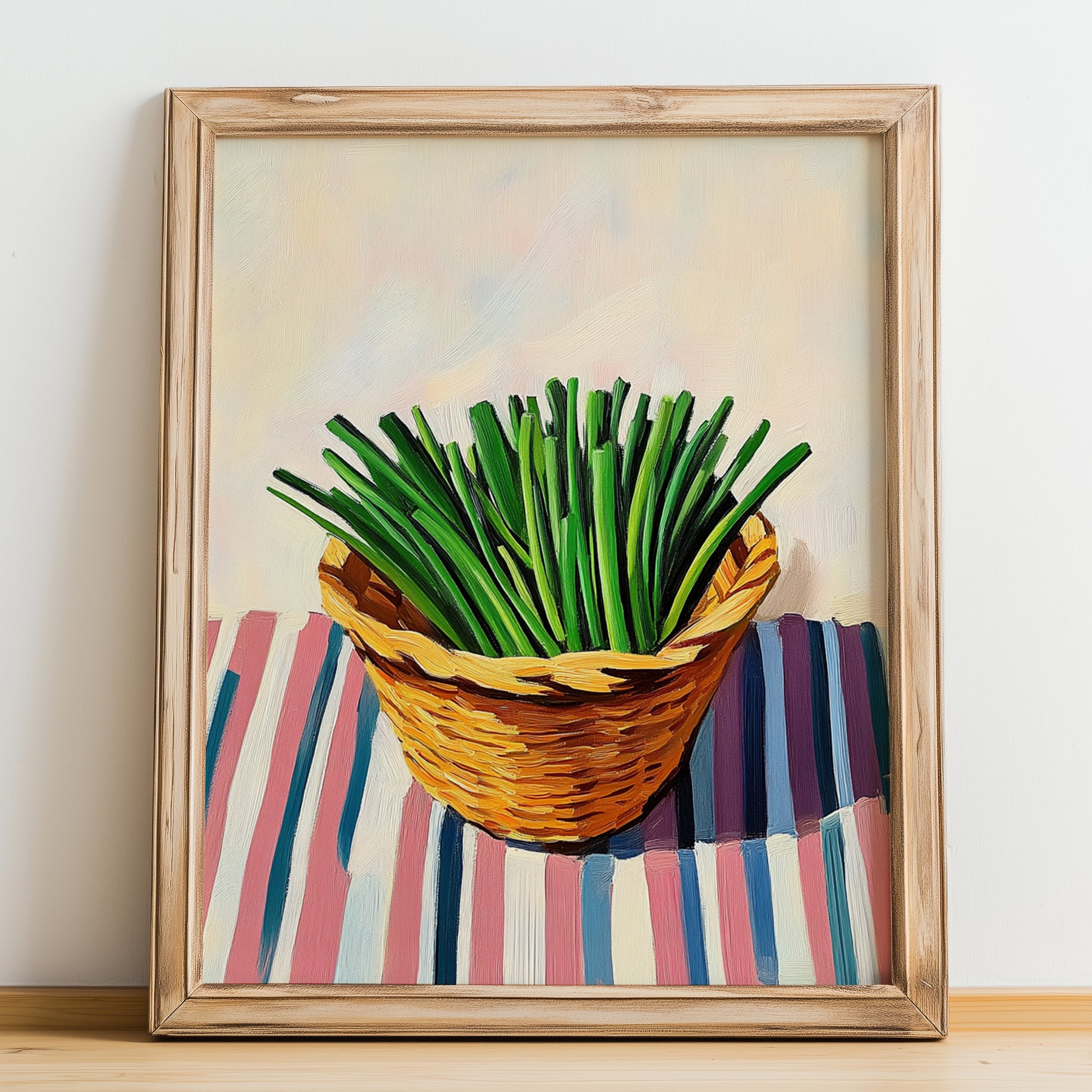 Chives – on Striped Tablecloth, Fresh Herbs Still Life, no-text version framed in wood