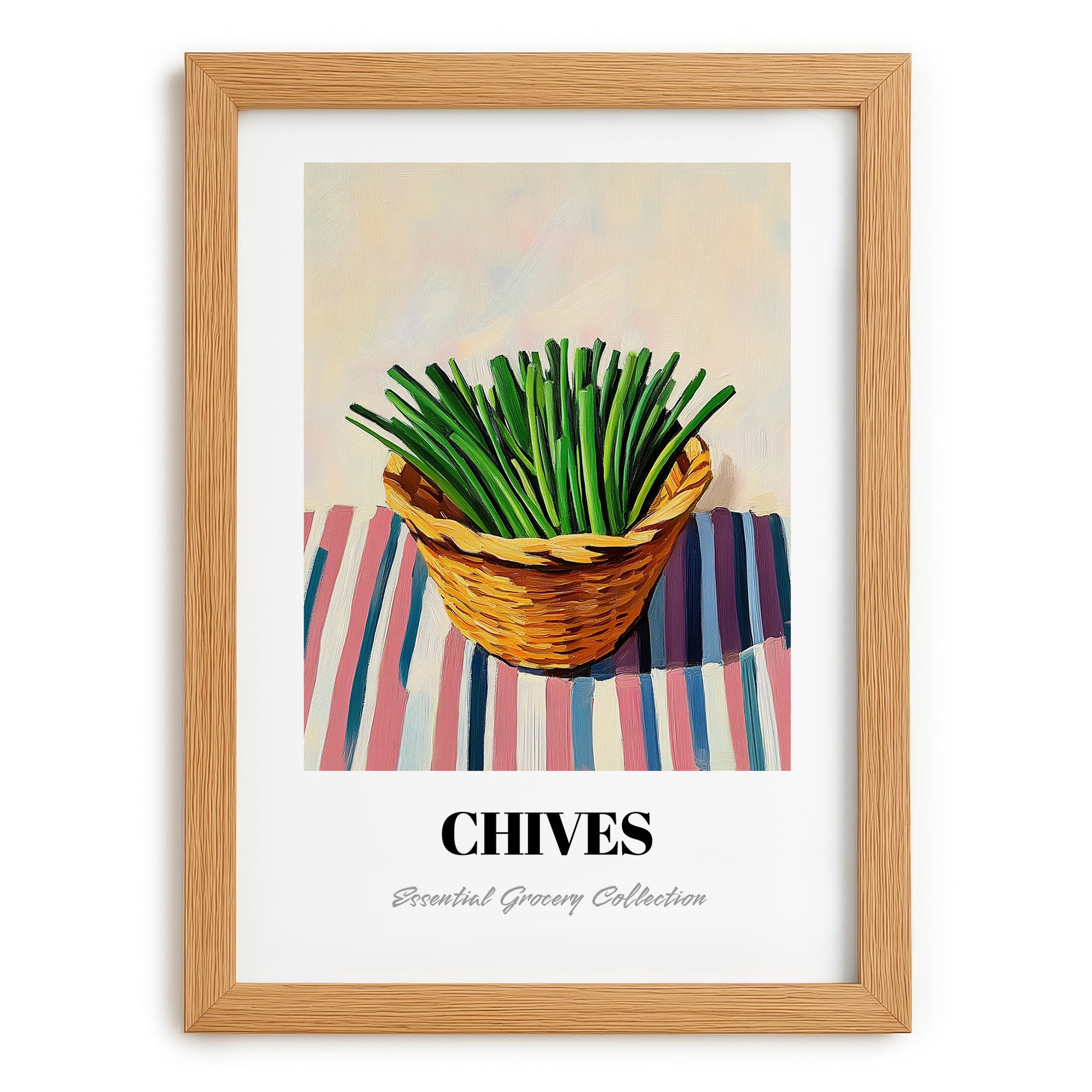 Chives – on Striped Tablecloth, Fresh Herbs Still Life, set in oak frame