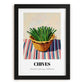 Chives – on Striped Tablecloth, Fresh Herbs Still Life, in sleek black frame
