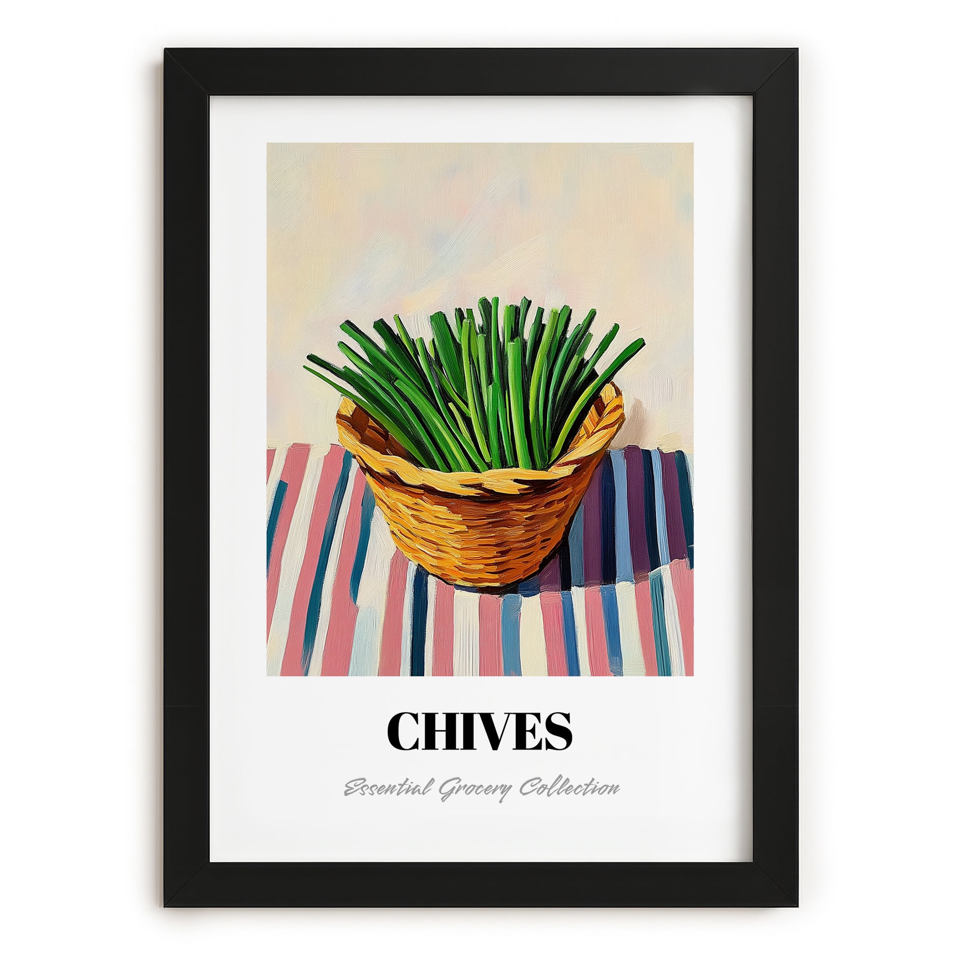 Chives – on Striped Tablecloth, Fresh Herbs Still Life, in sleek black frame