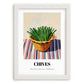 Chives – on Striped Tablecloth, Fresh Herbs Still Life, placed in minimal white frame
