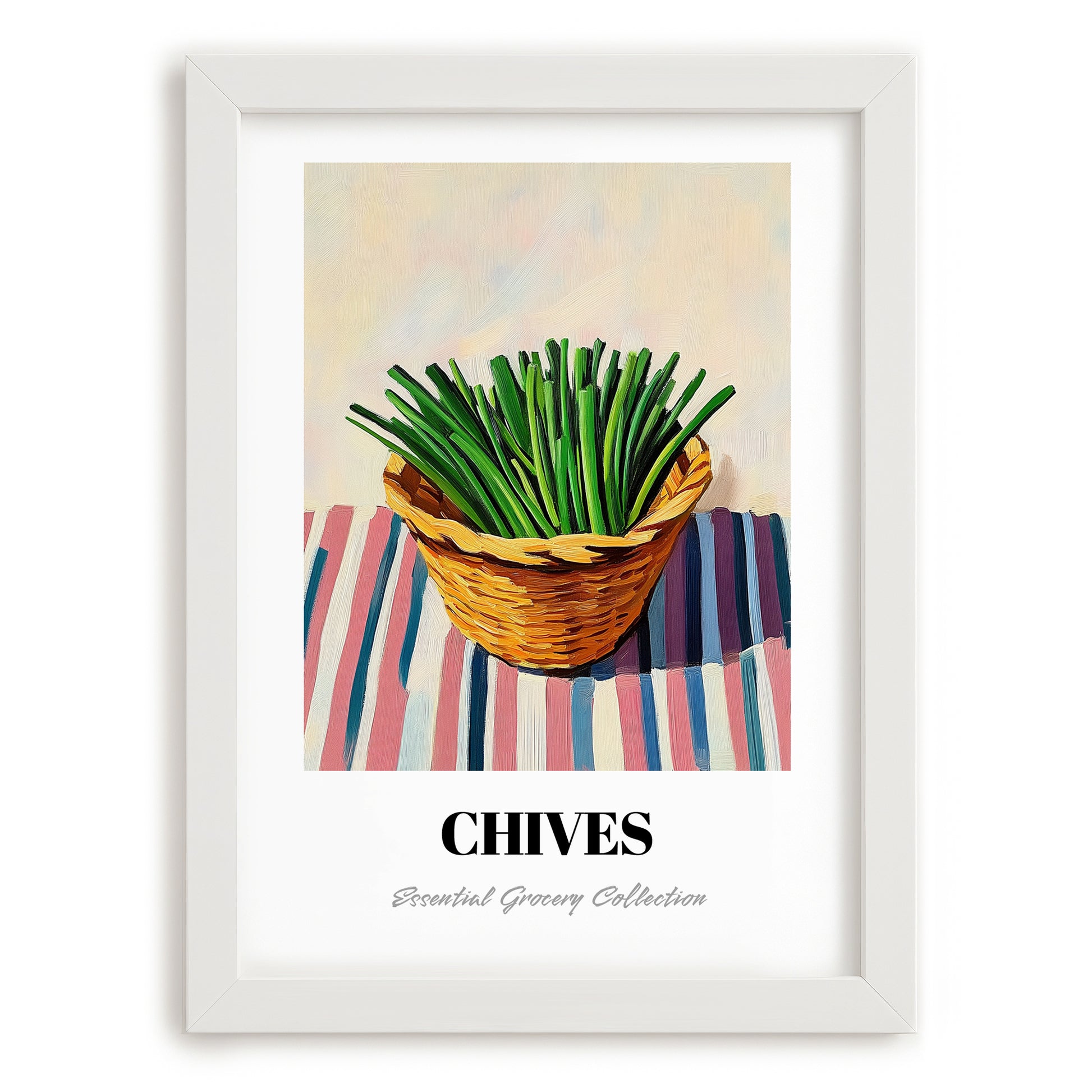 Chives – on Striped Tablecloth, Fresh Herbs Still Life, placed in minimal white frame
