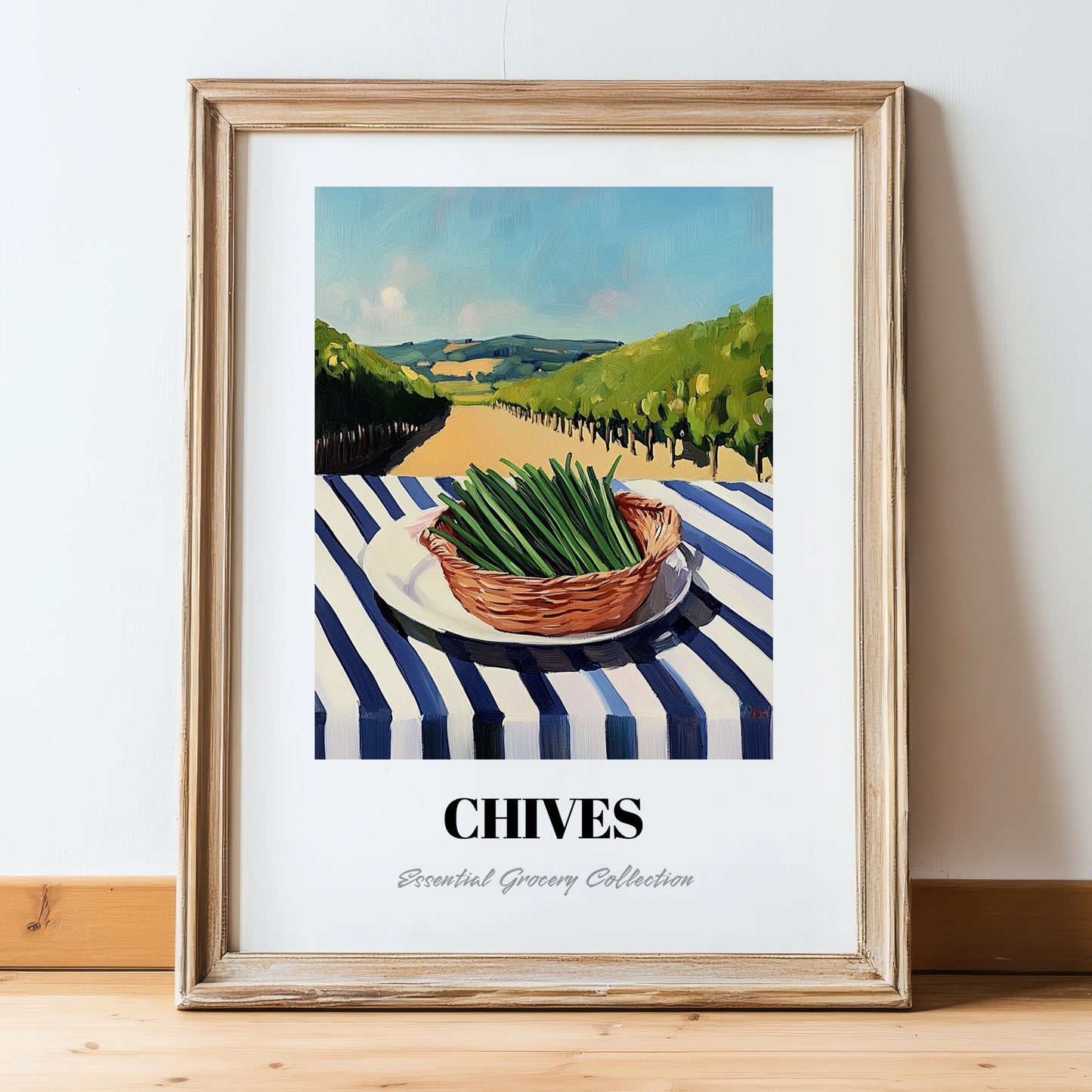 Chives – Valley Café Scene, Fresh Herbs Wall Decor, in wooden frame leaning on the floor
