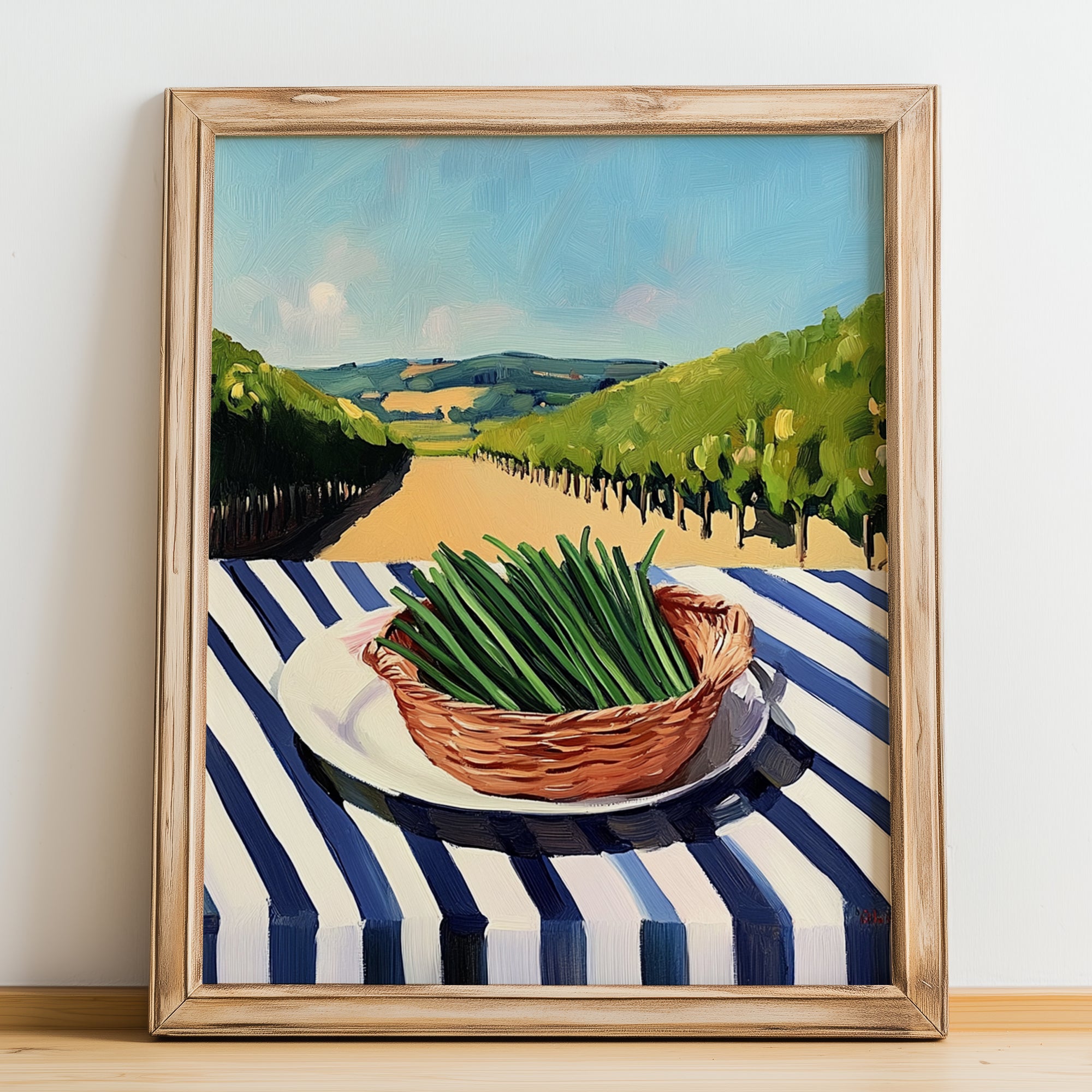 Chives – Valley Café Scene, Fresh Herbs Wall Decor, no-text version framed in wood