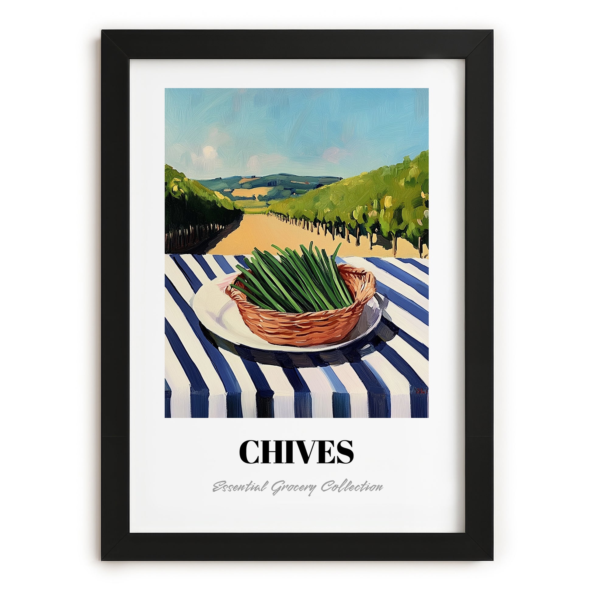 Chives – Valley Café Scene, Fresh Herbs Wall Decor, in sleek black frame